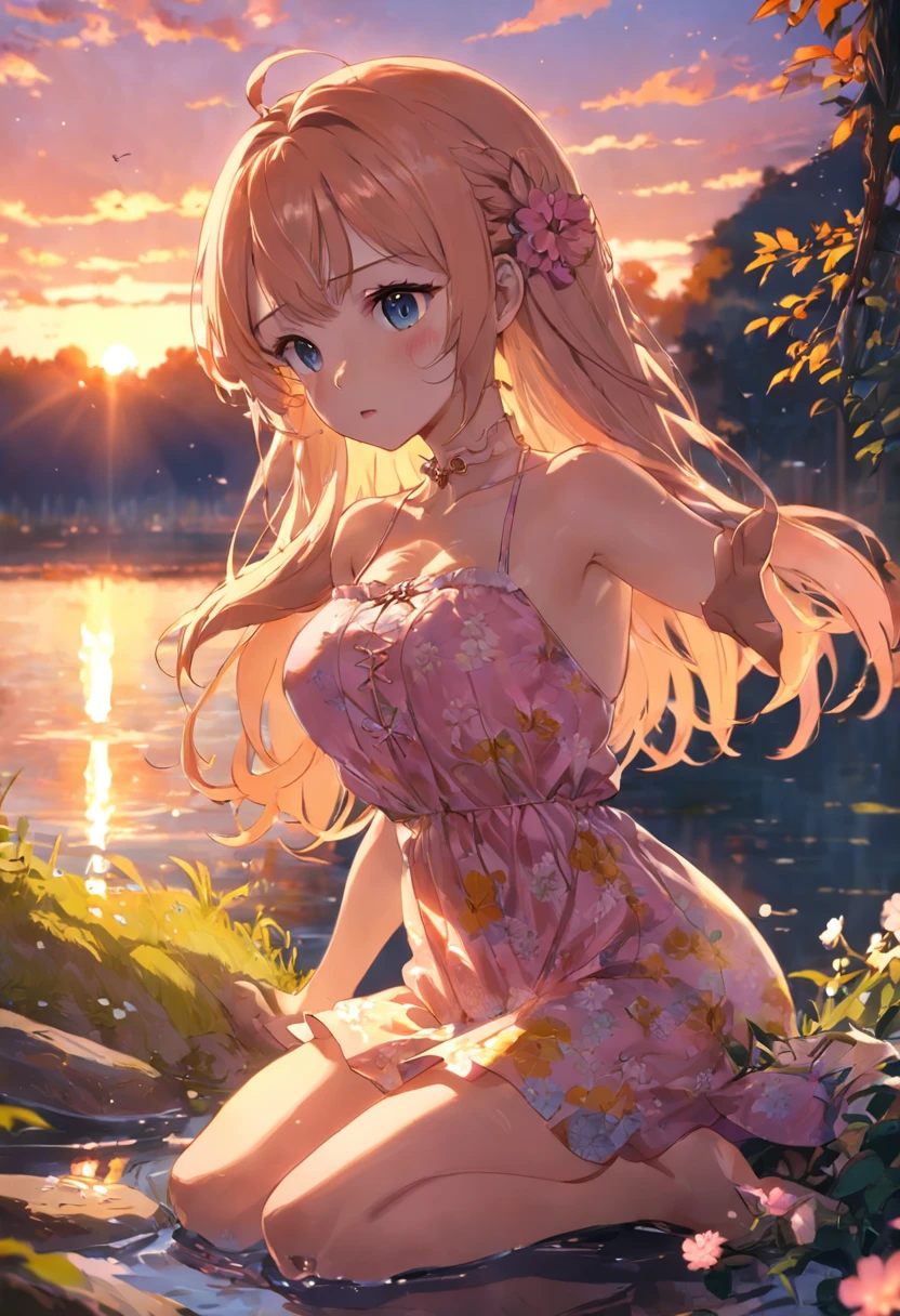 tmasterpiece，best qualtiy，one-girl，Lie on the fence by the lake,Floral dress，closeup cleavage，brightly，cheerfulness，Warm and soft lighting，the sunset，（spark of light：0.7）