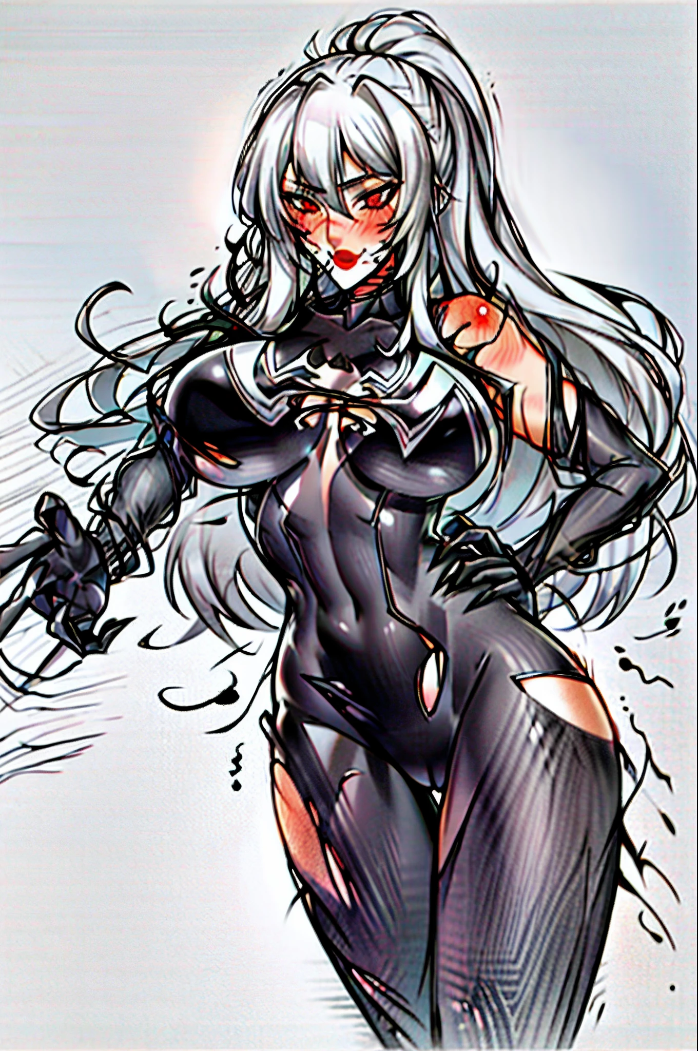 Masterpiece, Best quality, A high resolution, SH1, Red eyes, Gray hair and long hair，mitts, Black and white bodysuit, Makeup, standing, Cowboy shot, (Torn clothes:1.2),