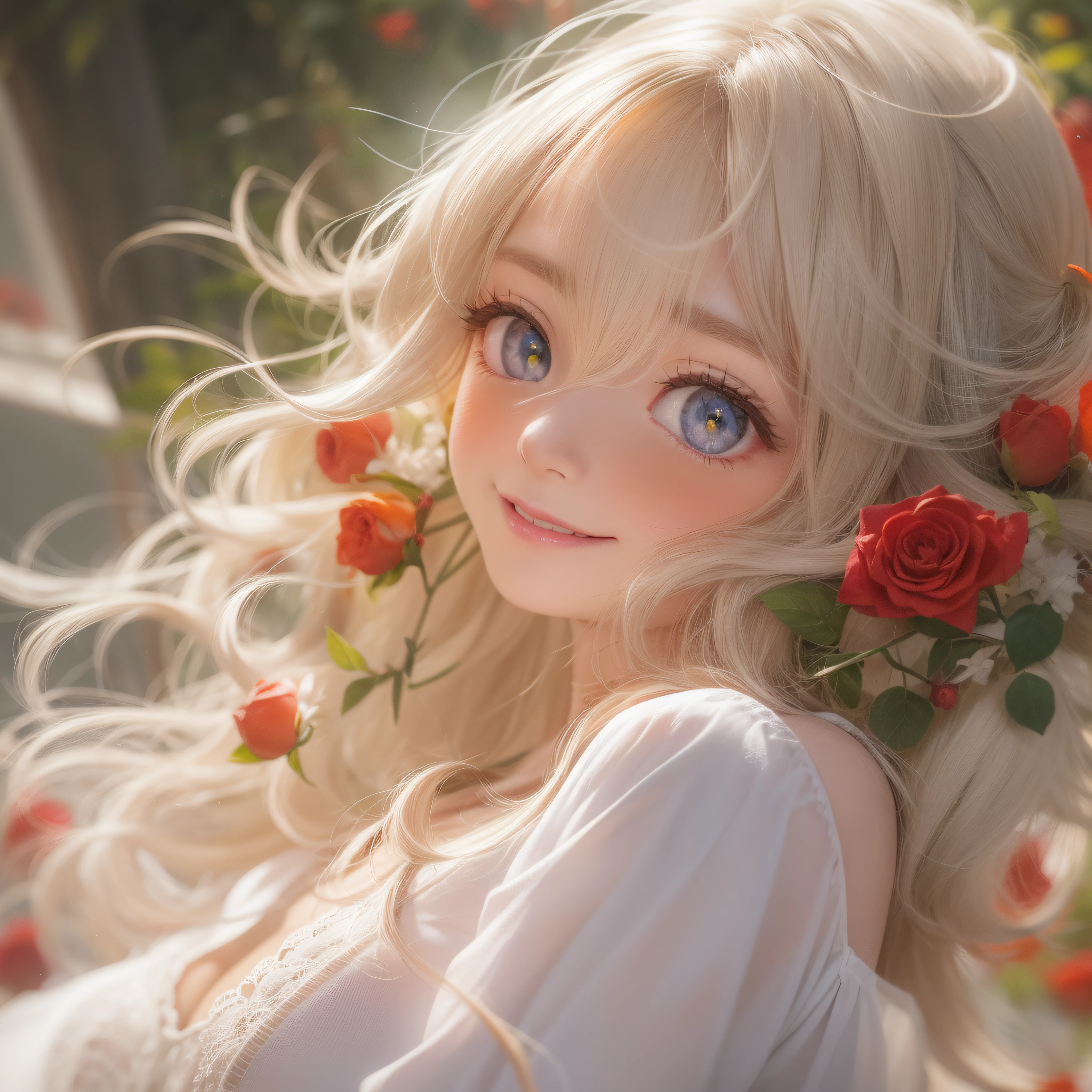 Close up of rosy smile、Close up of rosy smile、Close up of rosy smile、(realisitic、hight resolution)、(1 girl in)、Do-Up Eye、Korean Girl、(Best Quality), (masutepiece), (1girl in), Solo, a beauty girl, Perfect face, Big Breast,dreamlikeart、Highly detailed airbrush art((Surreal))、Volumetric lighting、(top-quality)、The ultra-detailliert、(The composition of the movement:1.4)、Highly detailed colorful details、(Bright lighting)、dynamic compositions、Ray traching、The mirror reflects light、Shallow depth of field、ultra-detailliert、mixing exposure、nffsw、Her eyes glow bright red rosy、Her rosy face is、Full of adventure anticipation and courage.、A smile appears on her rosy lips。 At the rear、The sun is slowly tilting to the west。Its light brings rosy light to the surface of the sea、The swaying waves create a beautiful scene。Her eyes are clearly rosy。numerous roses、glowing roses、glowing roses、Glowing eyes、Glowing eyes、Glowing eyes、