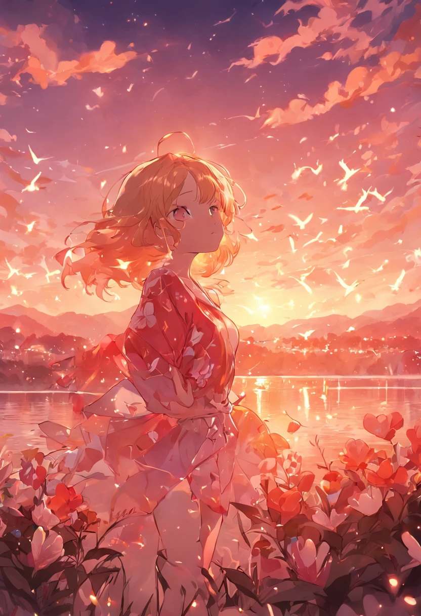 tmasterpiece，best qualtiy，one-girl，Lie on the fence by the lake,Floral dress，closeup cleavage，brightly，cheerfulness，Warm and soft lighting，the sunset，（spark of light：0.7）