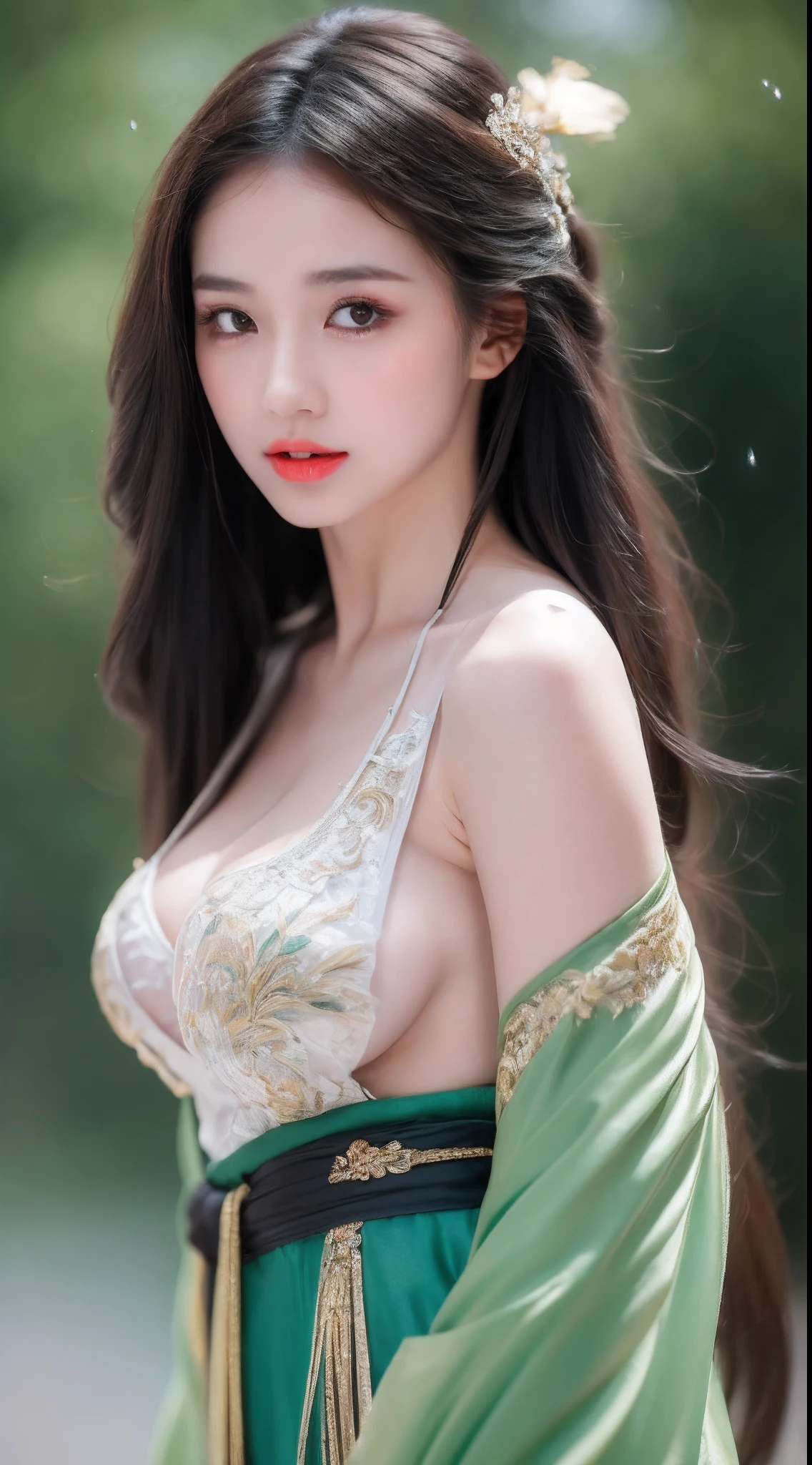 ((Best Quality, 8k, Masterpiece: 1.3)), Focus: 1.2, Perfect Body Beauty: 1.4, Buttocks: 1.2, ((Layered Haircut)), (Wet Clothes: 1.1), (Rain, Street:1.3), (Breasts: 1.2), (Hanfu: 1.2), Bare Shoulders, Bare Legs, Highly Detailed Face and Skin Texture, Fine Eyes, Double Eyelids, Whitened Skin, Long Hair, (Shut Up: 1.5), (Bokeh Background: 1.5), Big Breasts