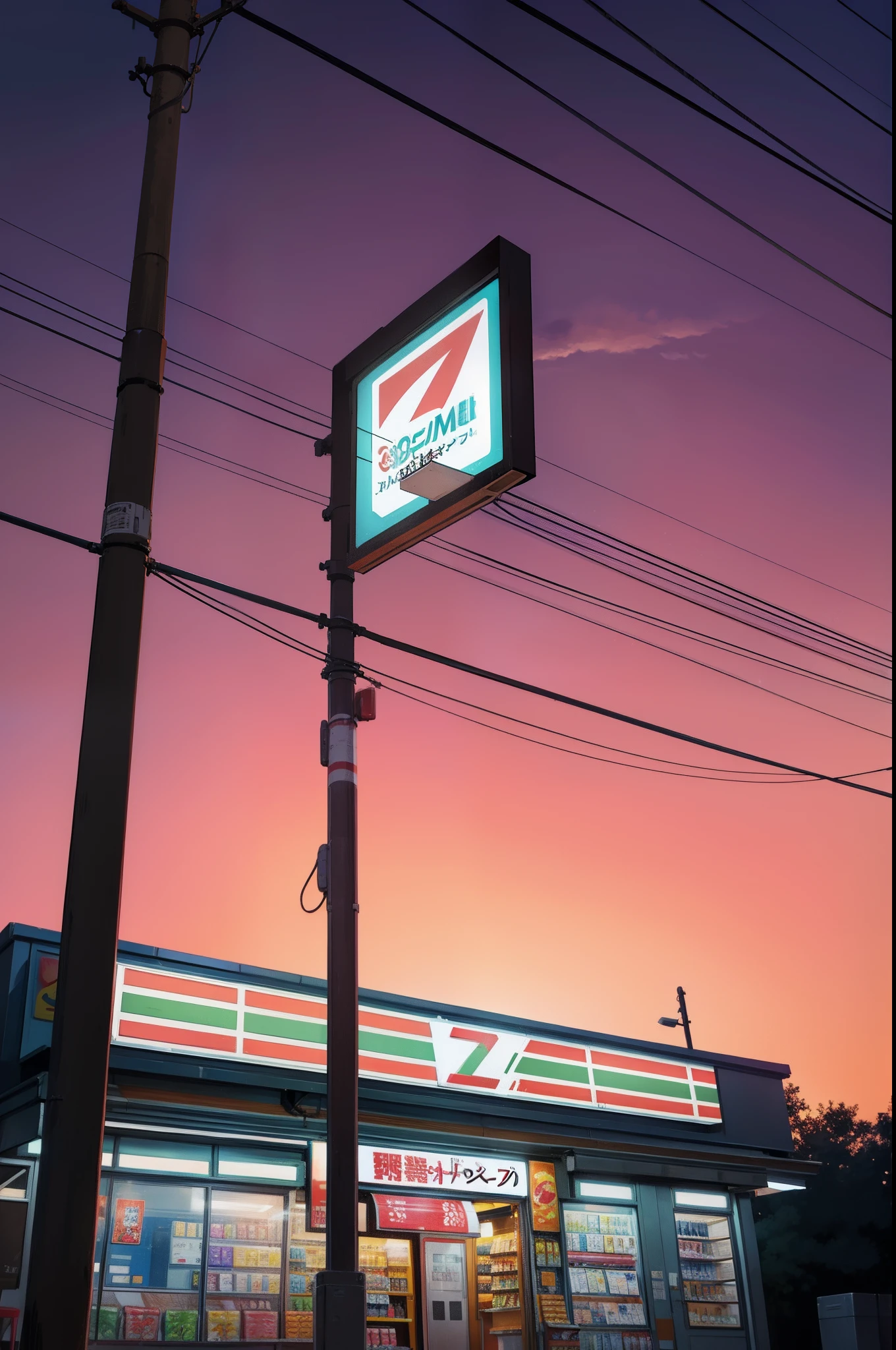 Anime scene by shinkai makoto, 7 eleven convenient store, sunset background