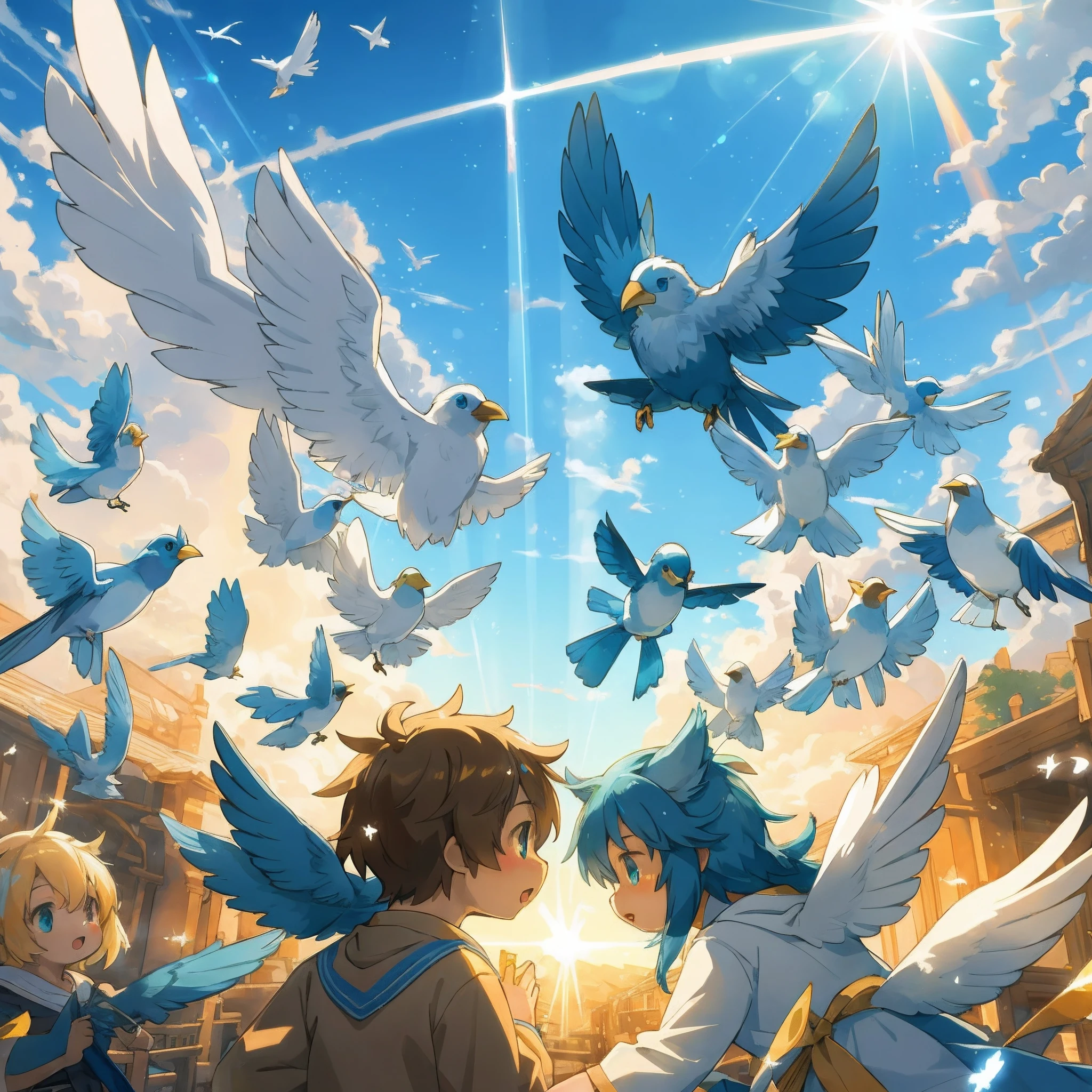 top quality, best quality, High-quality illustrations, masterpiece, super high resolution, detailed background, Blue sky((movie of bird creatures and human child)), 6+boys, 6+girls, absurdres(highly detailed beautiful face and eyes)perfect anatomy, expression, caustics, light rays, dynamic lighting, light particles, lens flare, cinematic shadow(kemono, furry anthro)assorted poses, dynamic angle,