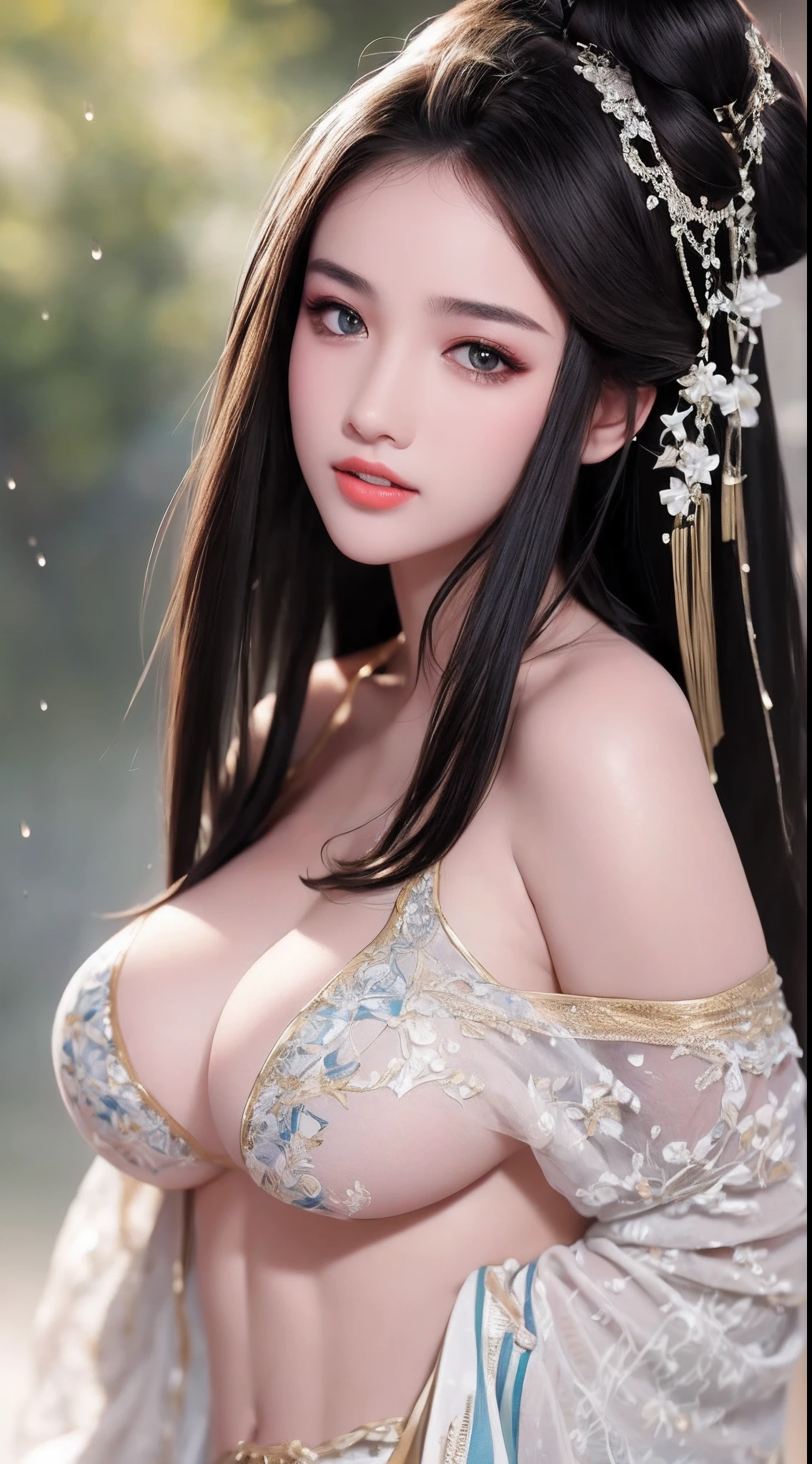 ((Best Quality, 8k, Masterpiece: 1.3)), Focus: 1.2, Perfect Body Beauty: 1.4, Buttocks: 1.2, ((Layered Haircut)), (Wet Clothes: 1.1), (Rain, Street:1.3), (Breasts: 1.2), (Hanfu: 1.2), Bare Shoulders, Bare Legs, Highly Detailed Face and Skin Texture, Fine Eyes, Double Eyelids, Whitened Skin, Long Hair, (Shut Up: 1.5), (Bokeh Background: 1.5), Big Breasts