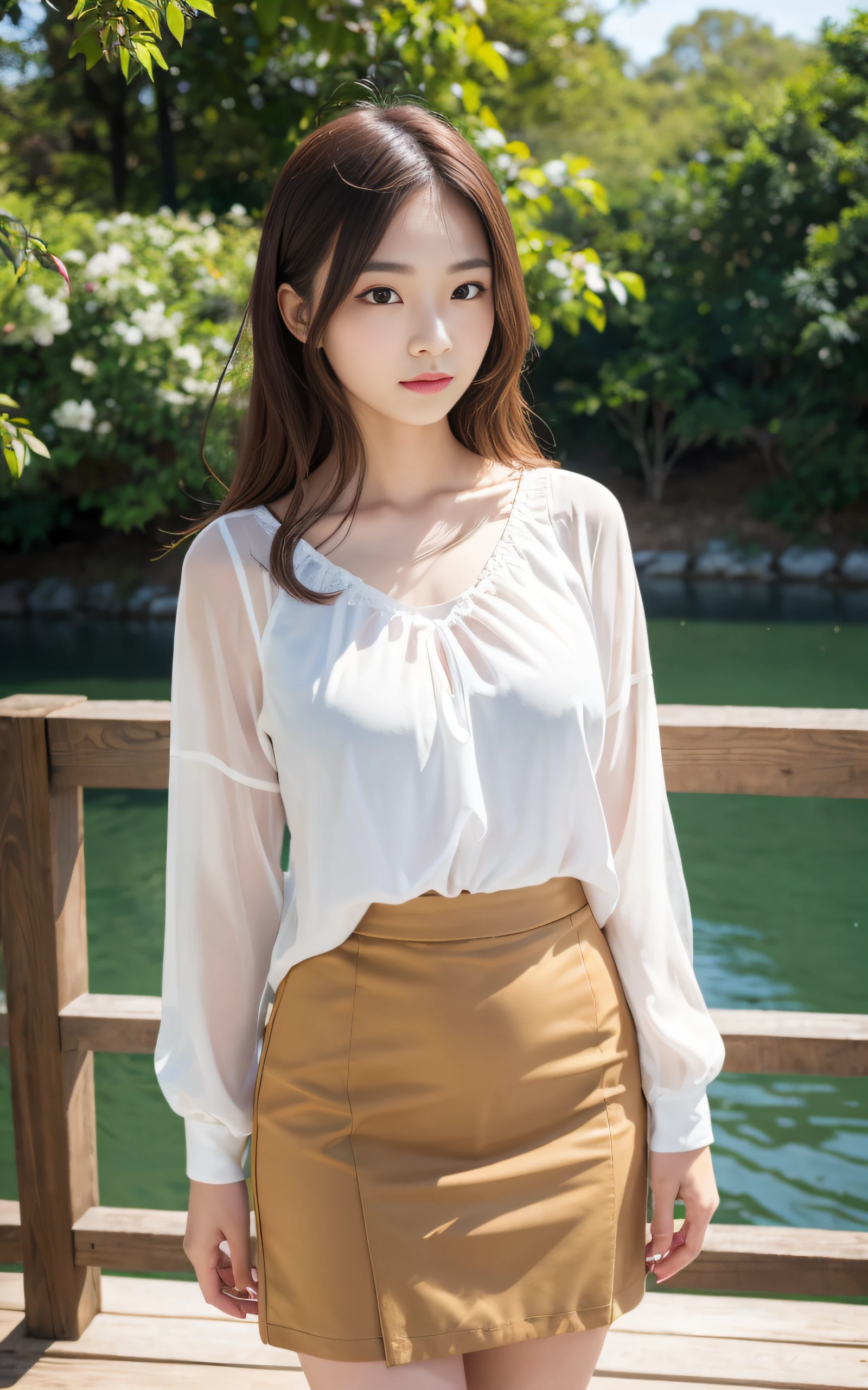 ((Best Quality, 8K, masutepiece: 1.3)), (Sharp Focus: 1.2), Tranquil riverside view of the wooden bridge, 1 girl, Full body, Neat and clean beauty, 20 years old, Japanese, Looking away, Classy and elegant, A pretty girl with perfect figure, Cute, Shy, ((Medium hair swaying in the wind)), Big breasts, (Blouse: 1.1), Skirt, Highly detailed face and skin texture, Detailed eyes, Background bokeh,