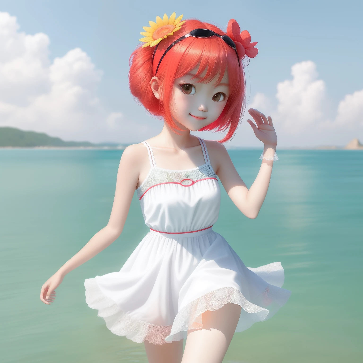 Tian Tian loves summer and the beach!She always wears a pair of watermelon hair accessories,and a pair of red and green color goggles。In the next second,Is she going to swim in the water??
White gauze dress
Tian Tian's outfit is a white dress。Lightweight, breathable fabric,Plain minimalist design,It is perfect for her sunny and cheerful!Lace at skirt and cuffs,It's sweeter and sweeter~