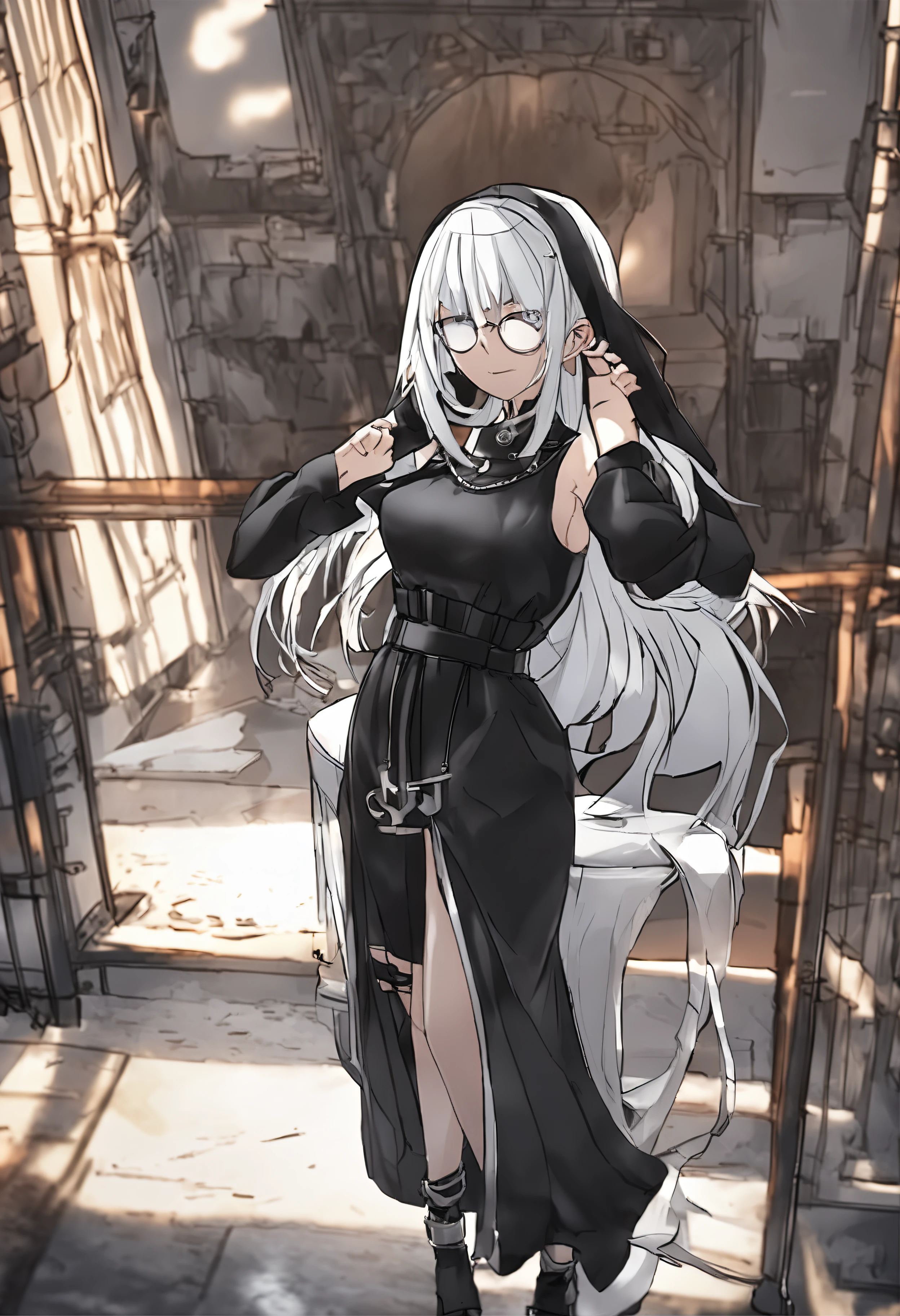 The Arad woman, dressed in black and black shoes, was chained to a chair, Anime girl cosplay, cosplay, the anime girl is crouching, Anime cosplay, nun outfit, ahegao, trending on cgstation, neko, nun fashion model, anime figure; Full-body art, Albedo from Overlord, cosplay foto, nun, 2b, 2 b
