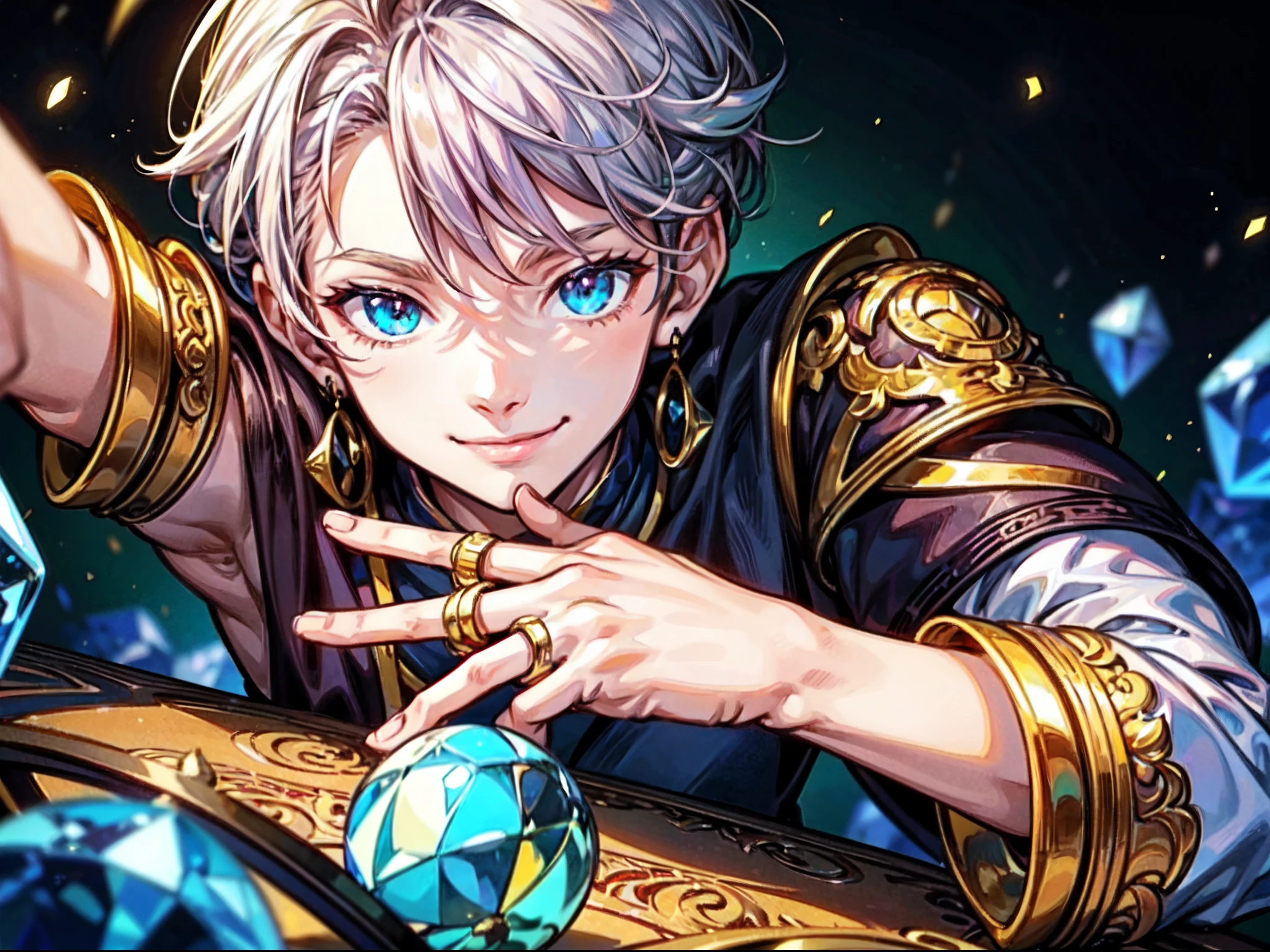 (anime, illustration:1.3),(A child wears many rings on his fingers.) The rings are made of various materials, such as gold, silver, and gems. The child smiles proudly, showing off his fingers. He likes to collect rings and wears different ones every day. The people around him think he is pretentious, but he doesn't care.