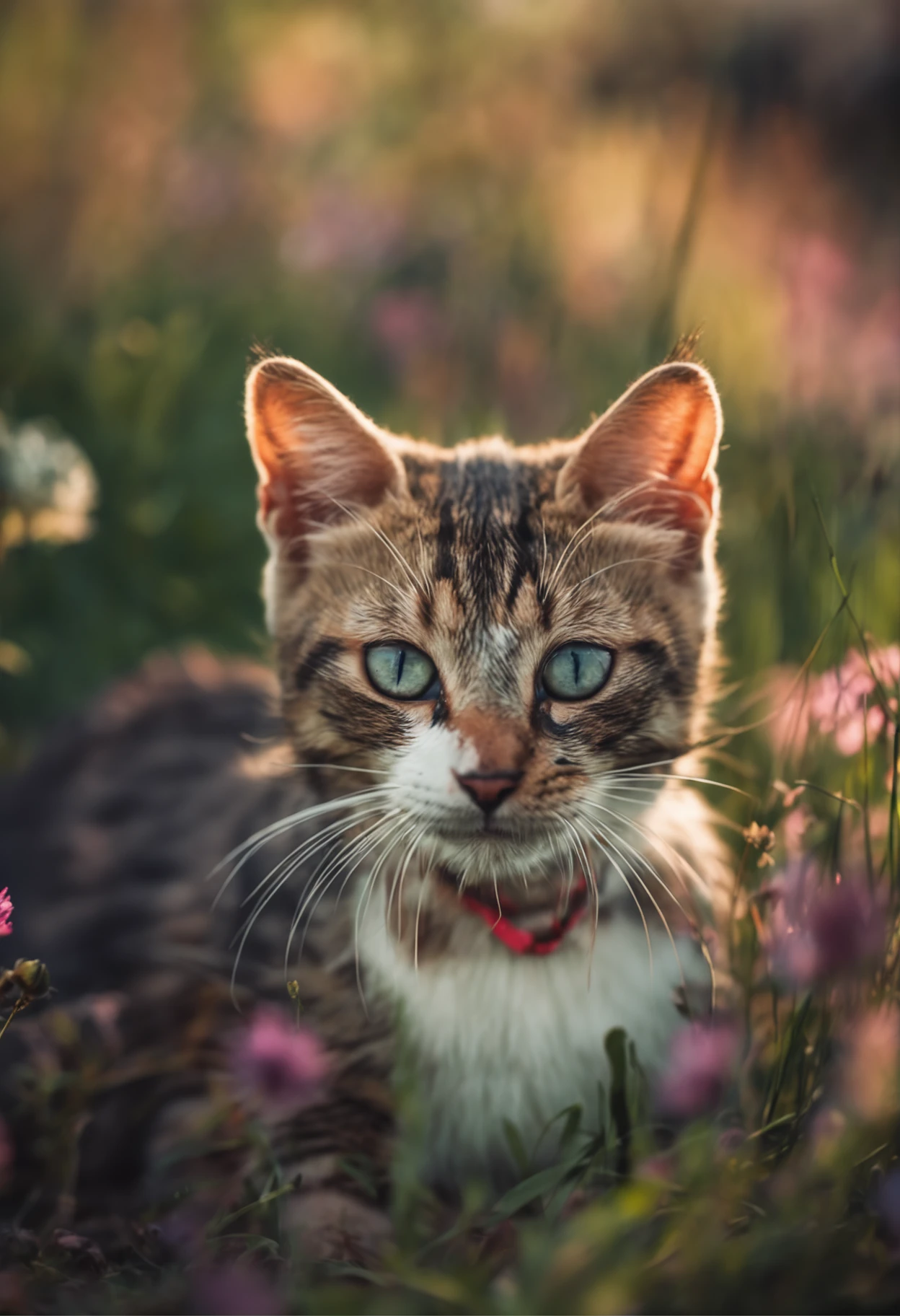 Cat playing in a small meadow