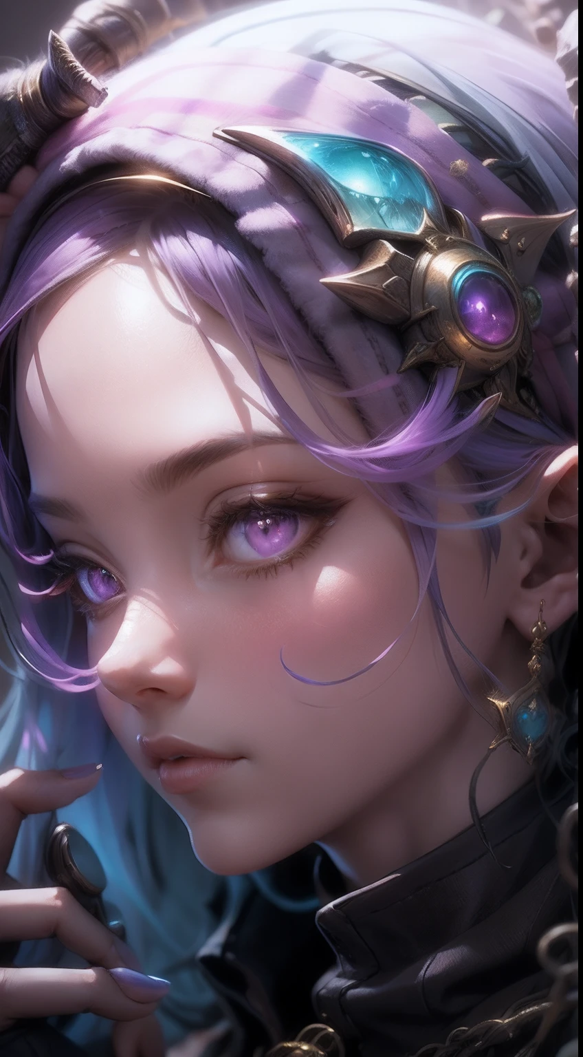 (masterpiece:1.4), (best quality:1.4), detailed, an elf girl in transparent -Doll, pink purple orange hair, multi color hair, milf, long frizzy hair, blue eyes, cleavage, legs apart, in a dark room, (no panties), (ahegao:1.3), multi color