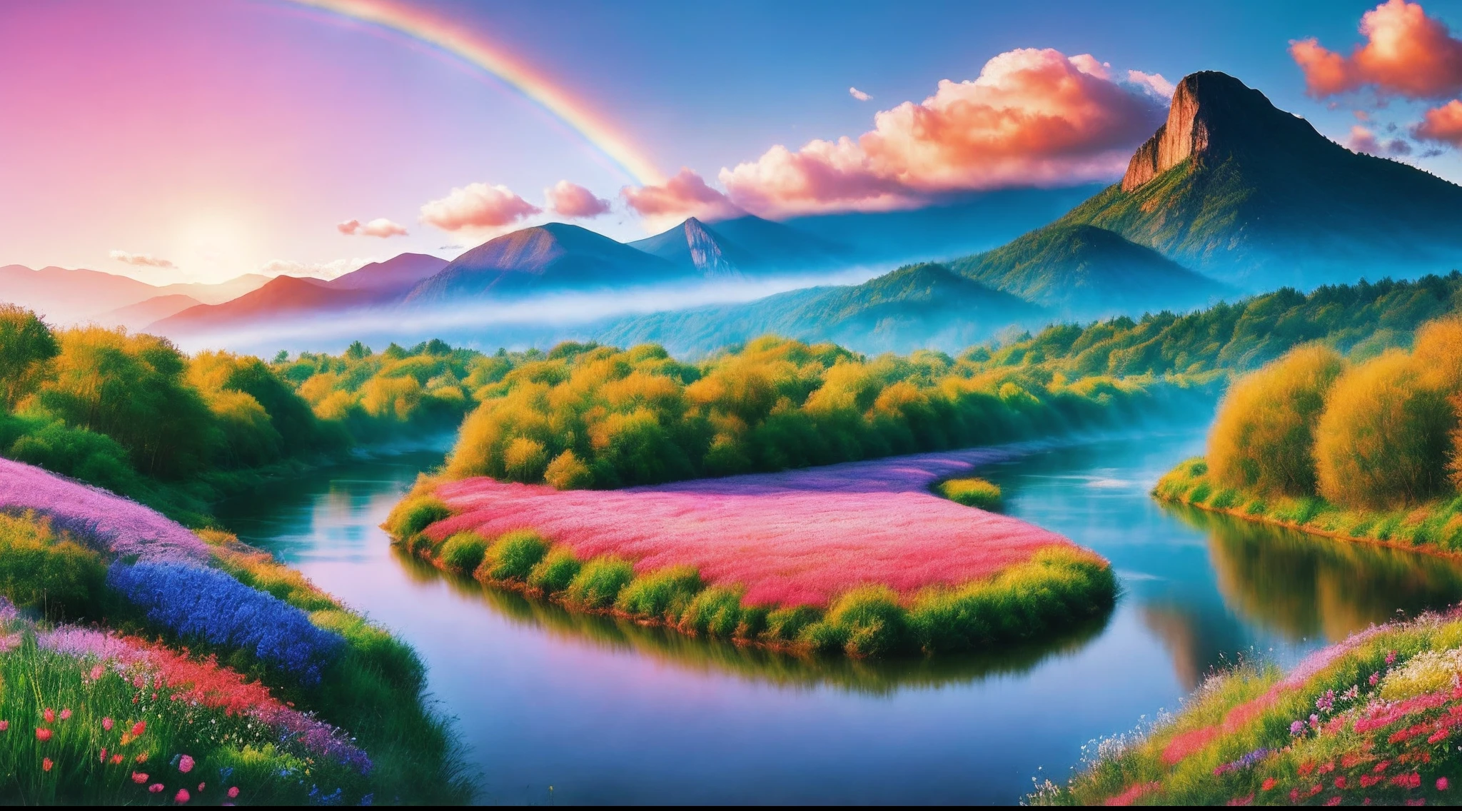 Gorgeous surrealistic landscape with a dreamy atmosphere, featuring a majestic tree in the center, surrounded by a beautiful river, misty mountains, and vibrant flowers. The scene is illuminated by a warm and soft light that wraps the trees and flowers in a delicate glow. Add in a rainbow-colored sky with fluffy clouds and a hint of fantasy elements.
