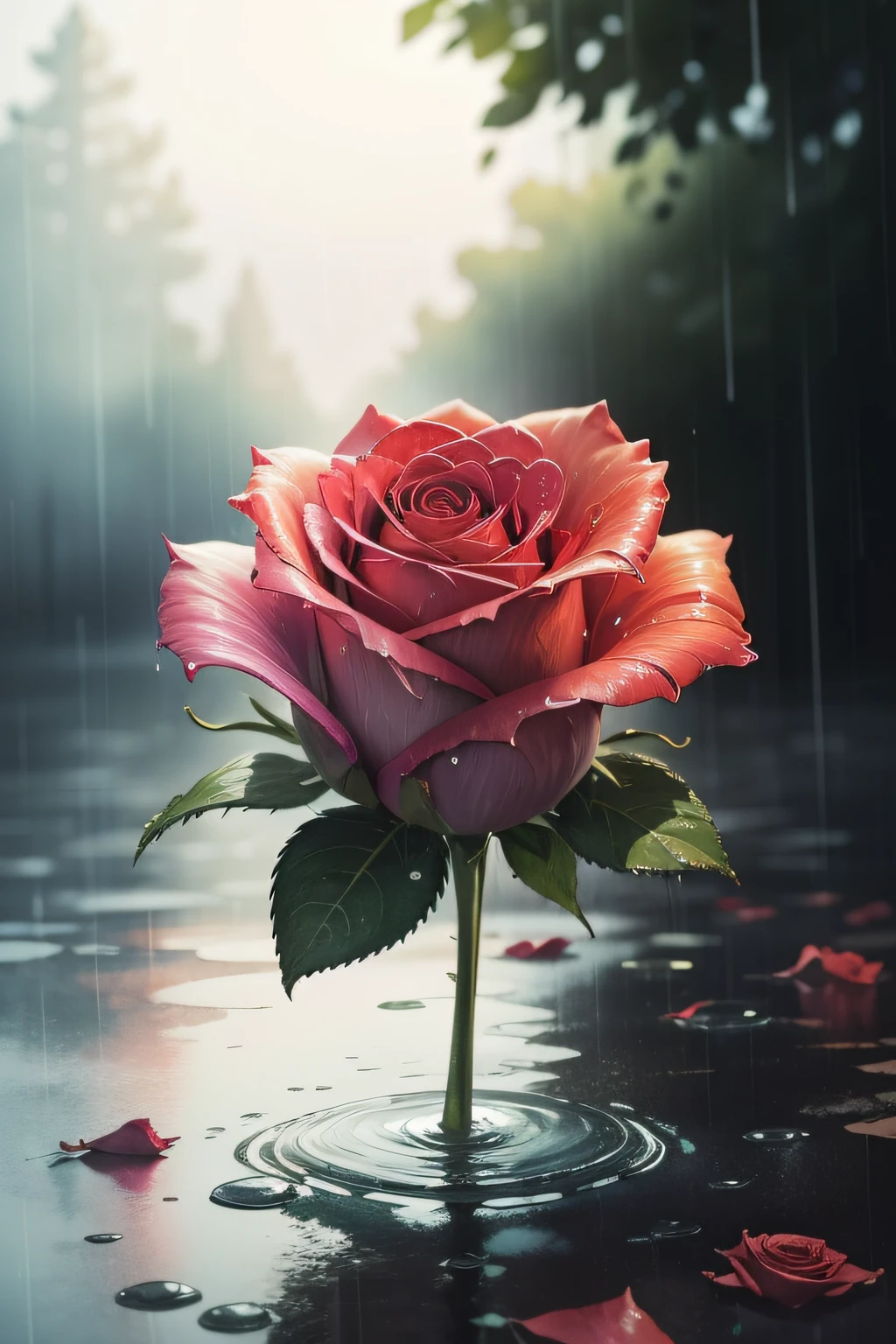 watercolor beautiful rose with a rainy background fully of happy and hope