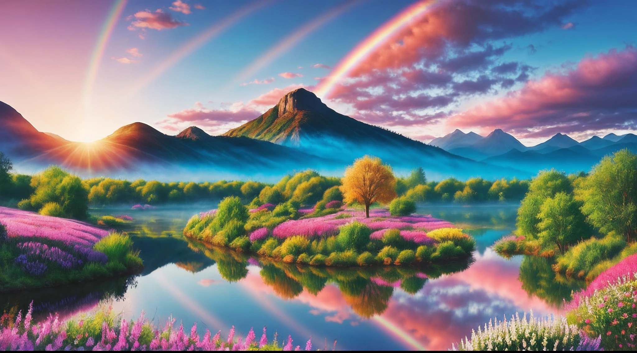 Gorgeous surrealistic landscape with a dreamy atmosphere, featuring a majestic tree in the center, surrounded by a beautiful river, misty mountains, and vibrant flowers. The scene is illuminated by a warm and soft light that wraps the trees and flowers in a delicate glow. Add in a rainbow-colored sky with fluffy clouds and a hint of fantasy elements.