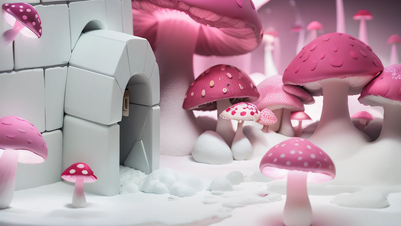 Uma porta. Uma Casa. Cotton floor. maquete. Neon dark pink mushroom. maquete. Neon Mushroom. cotton. maquete. neon light. cotton. maquete. dark pink mushroom.