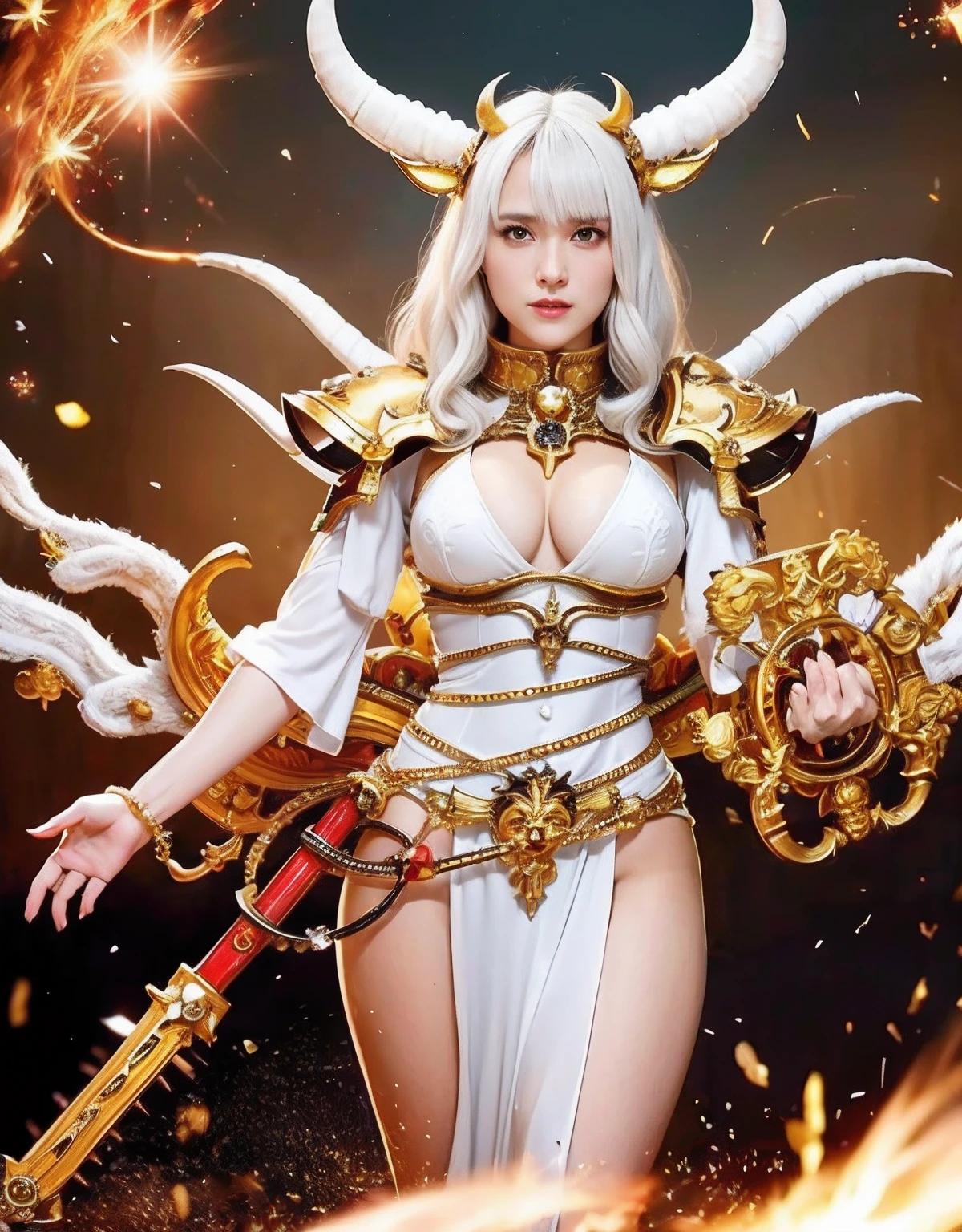 Professional , ​masterpiece、top-quality、photos realistic , depth of fields 、Idle Smile、（White Gemstone Body:1.９),(Matte white with gold pattern、（cleavage of the breast）、Jewel Gold Weapon、Particles of light、Gemstone Body White:1.４),Gorgeous gold weapons ,（（ Dragon dense and gorgeous dragon sword）） , （demonic wings）   ,warhammer 40k 、（（White hair））、（Castle background）、（demonic wings）、（（Gangle's forest background））、Beautiful Caucasian beauty、１a person、dynamic ungle,(((Two devil's horns on the head)))、Smaller head、Idle Smile、Thin and beautiful female hands、cleavage of the breast、Mystical expression、Light Effects、intense fighting、Wind-effect、magic circles、With the legendary magic wand、Dragon's tail、