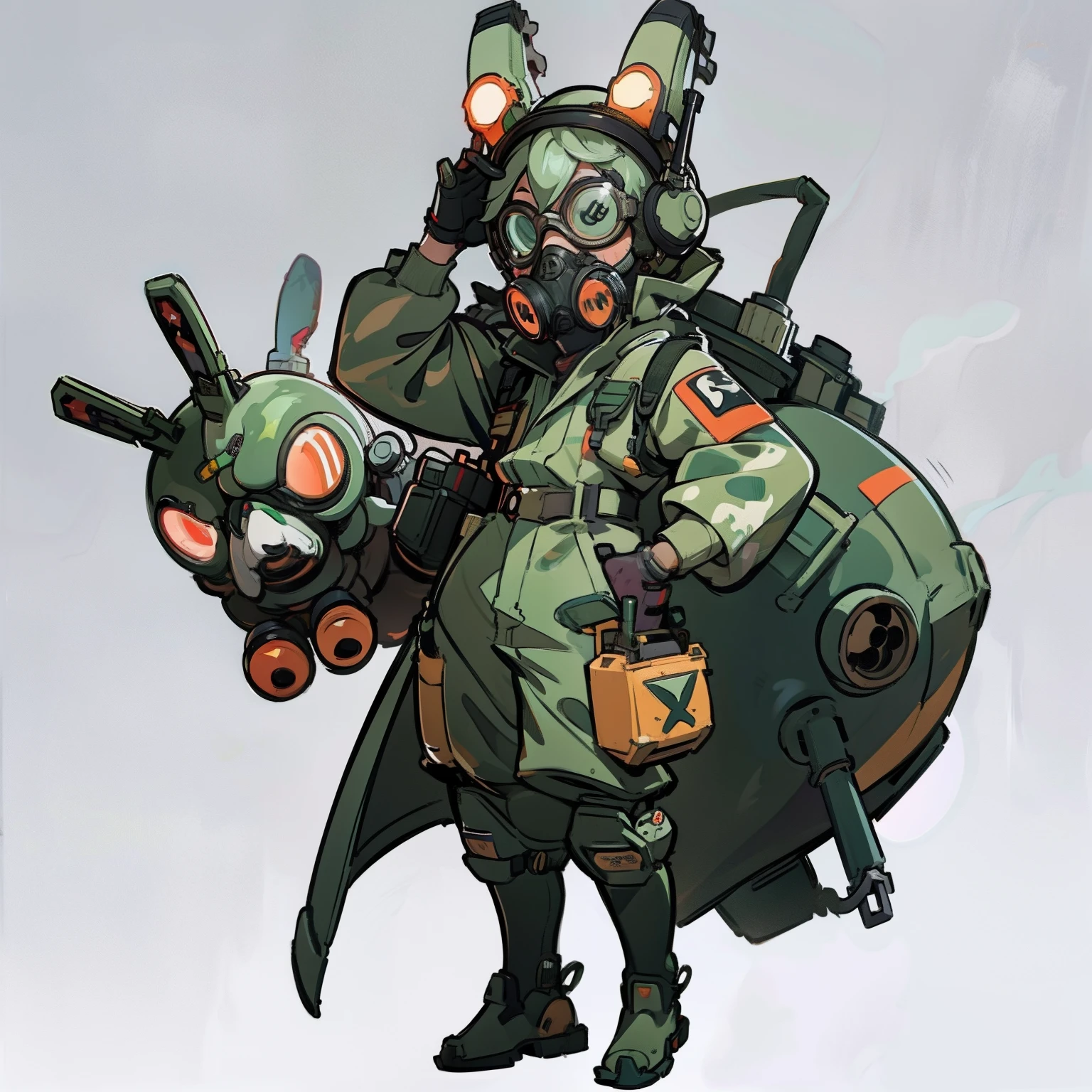 masutepiece, Best Quality, ((Full body shot)), No background, White background, a gas mask, goggles, headphones, mechanical bunny hat, Military, Man's, long boots, camo, chibi, giant robot hand