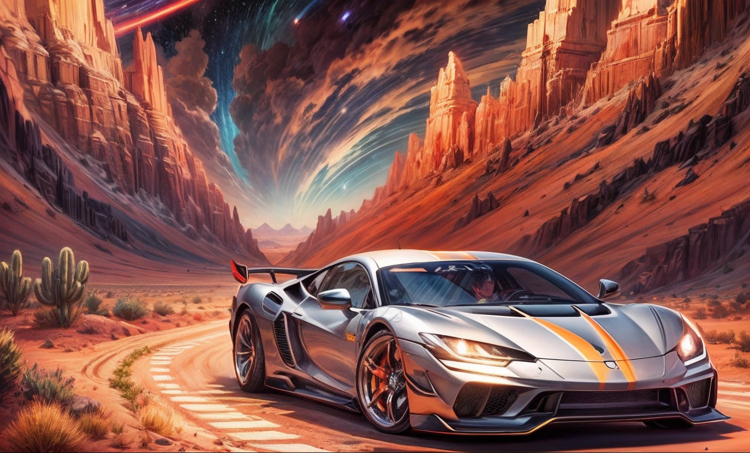 "Sport car, award-winning masterpiece, rendered in anime style with an oil painting effect. The vibrant illustration captures horror in a cosmic atmosphere. The wide shot of the desert location is showcased in high definition and astonishing 64K resolution, panoramic, masterpiece."