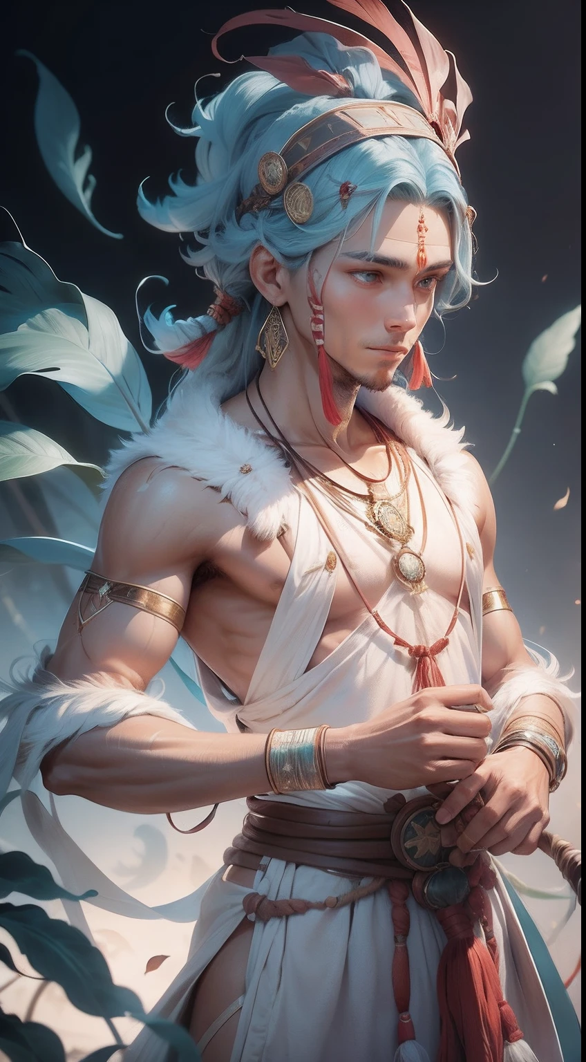 Men with indigenous characteristics, Tall, A reddish complexion like the ancient Indians, The man has a loose feature dress,There is some geometry in this dress, Like a spiral, triangles, lap, Pentagons and other sacred symbols, The man has a light blue feather on his head,holding a bow and arrow in his hands.