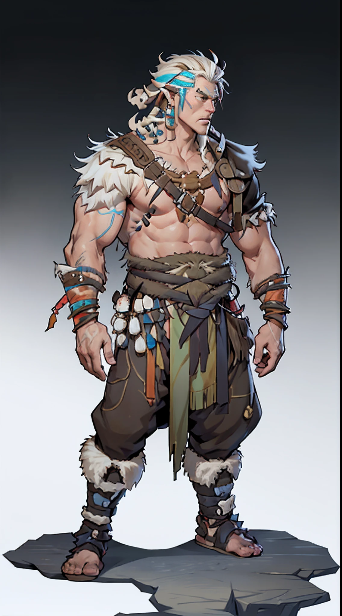 1boys,((独奏)),full bodyesbian,European and American cartoon design,Primitive tribal elements,Barbarians、Snow and ice elements,standing on your feet,white backgrounid,Magical fantasy design,character concept design,tmasterpiece,best qualtiy,Best resolution,high definition detail