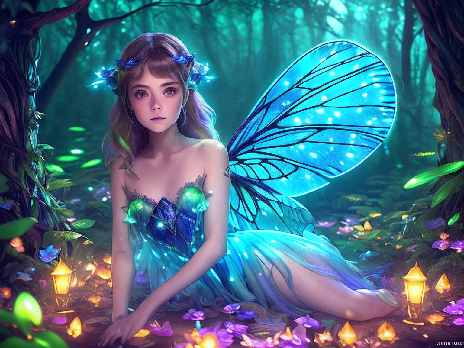 (highly detailed:1.2),(best quality:1.2),(8k:1.2),sharp focus,(subsurface scattering:1.1),award-winning photograph
(glowing bioluminescent forest:1.2),adorable chibi fairy ,kiernan shipka mackenzie foy barbara palvin, iridescent fairy wings
(very detailed background:1.2),(magical fantasy:1.0), (knollingcase:1.1),(dreamlikeart:1.1), dramatic lighting, by greg rutkowski alphonse mucha wlop