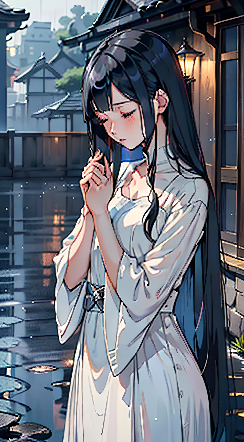 A maiden praying in the night，(style of anime:1.2+Illustration style)，Sad atmosphere，Soft moonshine，(High level of detail：1.2)、(soft focus+Diffuse light:1.1)，(black long straight hair:1.3)，white dresses，(Close your eyes:1.2)，Tiny raindrops，Silent courtyard，Gestures of prayer。