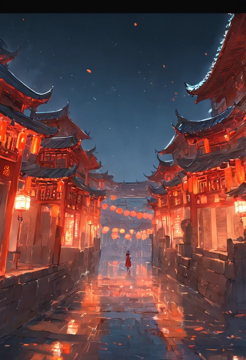 Under the night，Ancient glow-in-the-dark panorama of the ancient city of Jiangnan，late autumn，Near and far combined，Highlight the ancient city pool，Ancient architecture is prominently depicted，Shades of light dominated by red and orange，Jiangnan Water Town，Quaint town