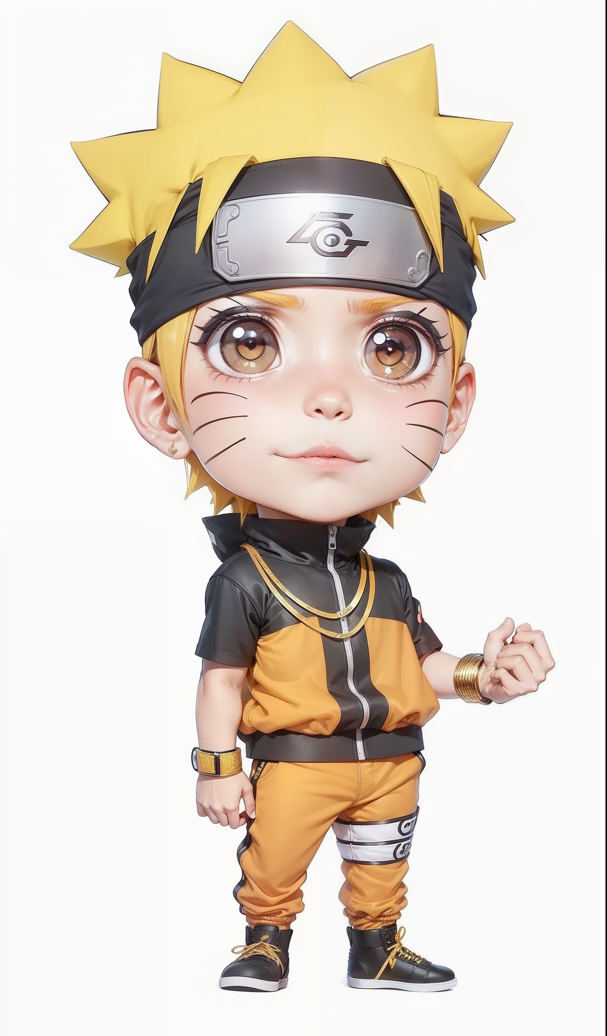 Naruto Chibi Street Wear, vestindo camiseta, correntes de ouro, relogio de ouro, brinco de ouro, tenis ari jordan