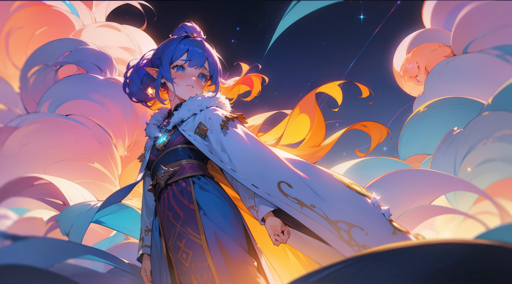 ((tmasterpiece)), (((beste-Qualit))), Tragic pose, A Deep Look, illustartion, 1 girl, (crying), Majestic view, Princess, (multi-colored hair, Hair gradient, Hair color from blue to peach, without bangs, curly curl on the cheek, hairstyle: high ponytail, long tail), The eyes are crimson-red, Environment change scene, big breastes, Regular, (Traditional blue costume, Clothing of a northern character, fur, Layering of clothes, Small Blue Gemstones, white patterns on the fabric in the form of stars), Bioluminescent stars in the sky, Pink Crescent, Tukuaz Sky, Soft cotton clouds, Ocean waves of Turkui, glittering, Purple water, galaxy, Additional lighting, Lots of purple and orange, Complicated details, volumetric lighting BREAK, Rich detail and color, (Glow, Ambiance Lighting), dreamy, elvish, (独奏: 1.2)