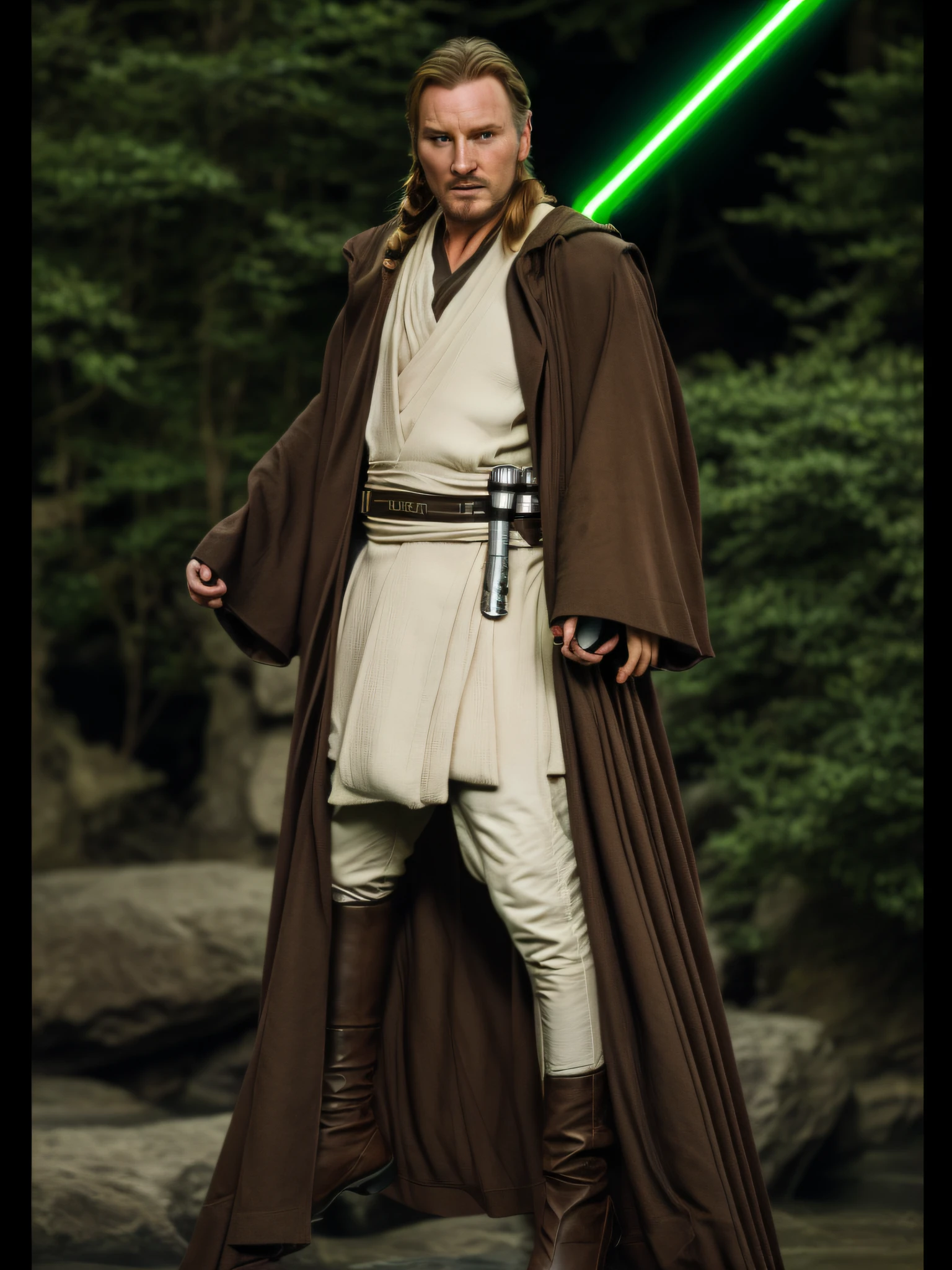 Detailed portrait of Michael Neeson as Jedi qui-gon jinn, with green lightsaber, full body, Greg Rutkowski, artstation, fantasy, realistic style