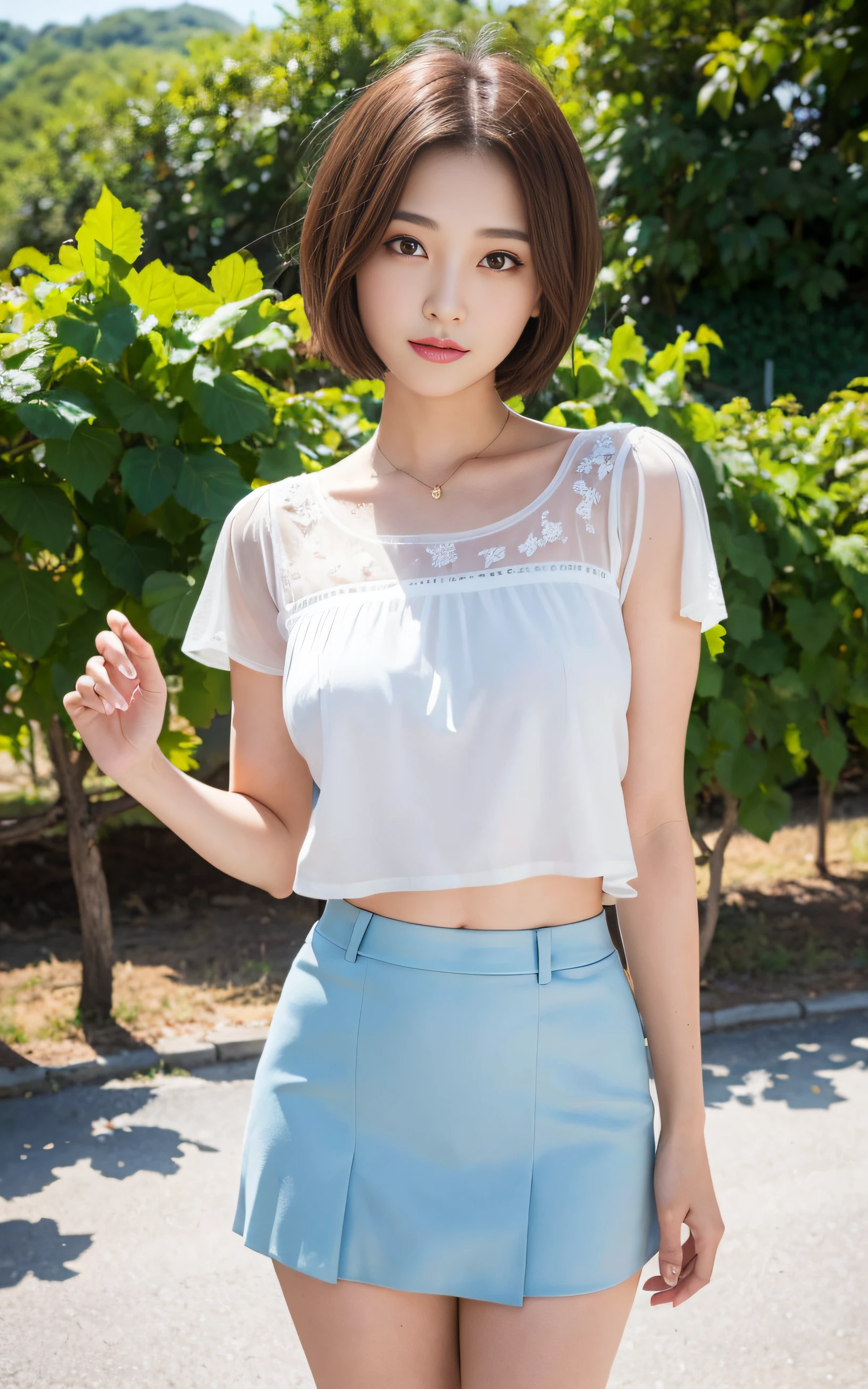 Beautiful and neat Japanese woman,detailed bodyline,thin beauty,lean body,Bust 85cm,Waist 58cm,Hips 90cm,big breasts thin waist,full body front shot,frontage,Standing,Rest your feet,White sandals,healthy thighs,healthy calves,A detailed face,elongated facial contour,a little bit smile,Looking at the camera,skinny cheeks,Round chin,Slender eyes,Beautiful eyes,Golden eyes,short hair with invisible ears,Bob cut hair,a little brown hair,See-through large polka dot short sleeve blouse,Navel Ejection,Fluttering white mini skirt,Brick wall