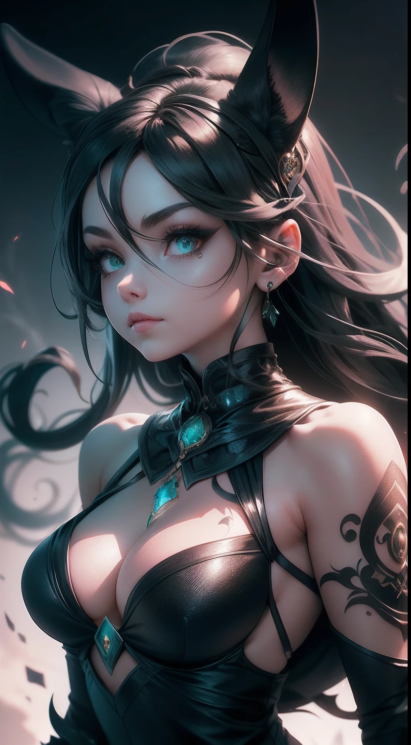 Beautiful and gorgeous rabbits and humanoids in Final Fantasy style, clean detailed faces, complex clothing, analogous colors, Glowing shadow, beautiful gradation, Depth of field, Clean image, High quality, High detail, High definition, Luminous Studio graphics engine. .....The queen has a sleek and mysterious appearance, Midnight black fur and harsh emerald green eyes. She has a stylized crescent moon tattoo on her right shoulder，Her aura radiates darkness, Spooky energy. She wears a flowing black cloak with a silver lining, and a tight black suit，Showing her light figure.