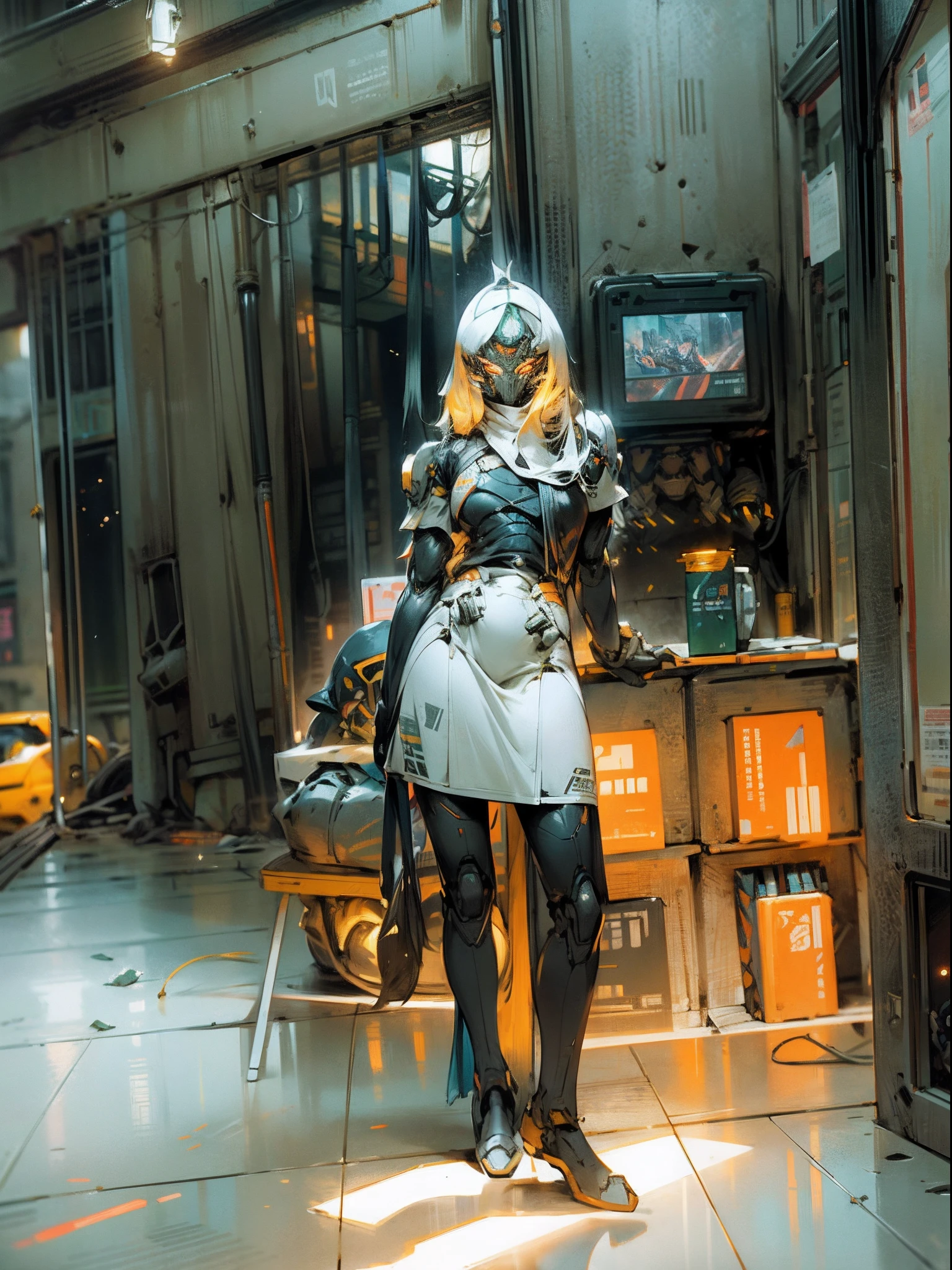 On the moon, barren planet, ruins, mecha warriors transformed by chimpanzees, thick and powerful long arms, strong lower limbs, multiple barrels all over the body, no humans, glowing , full body, humanoid mech, spiny, architecture, glowing eyes, science fiction, cities, reality, mecha, galactic background, neon lights, cyberpunk