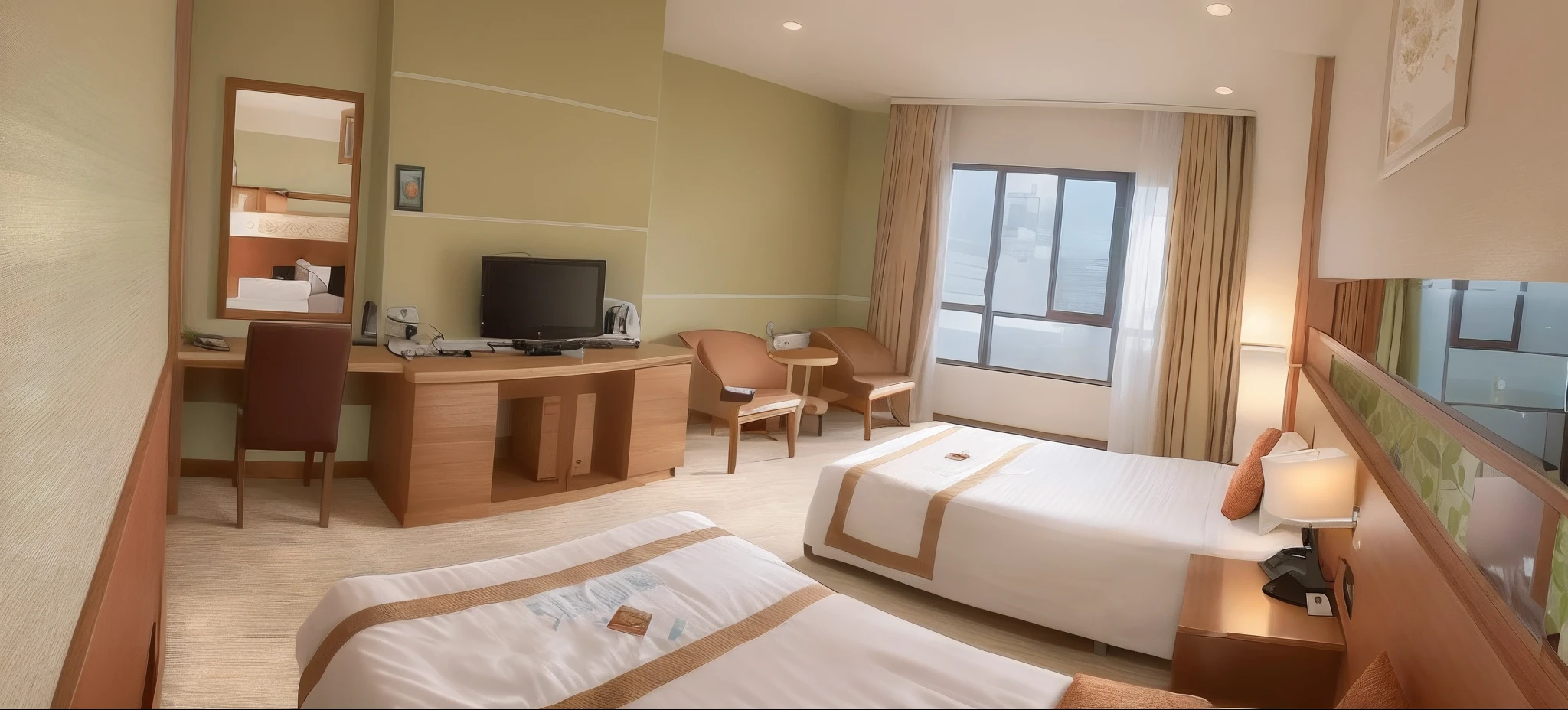 there are two beds in a hotel room with a desk and a television, room interior, interior room, full room view, interior of room, room, bedroom, big spatious room, whole room, furnished room, brightly lit room, room shot, large room, full - view, interior, peaceful environment, bed room, composite, bright room, natural light in room