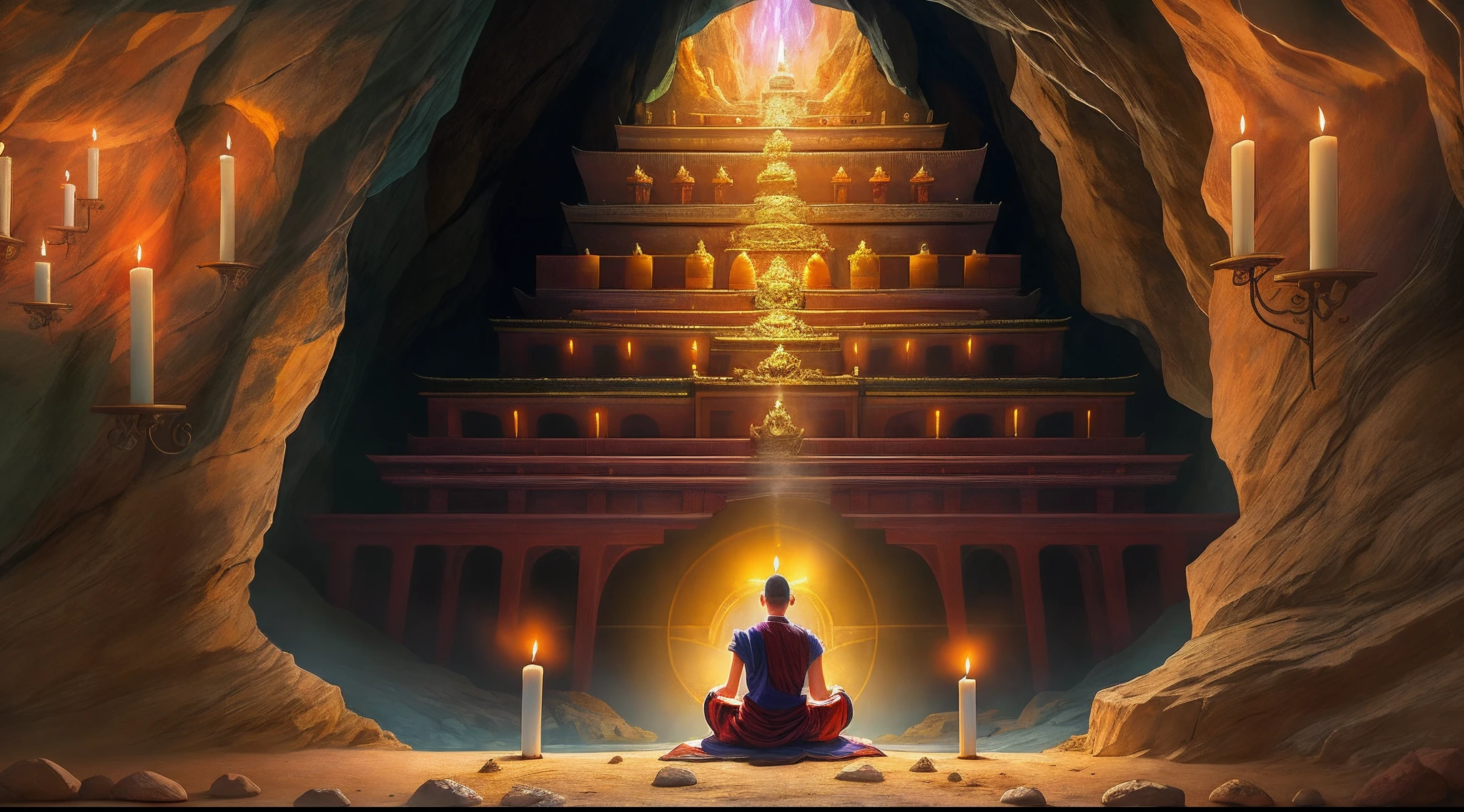 a person sitting in a cave with candles lit up, hindu stages of meditation, monk meditate, meditating, a mystical temple, praying meditating, buddhist monk meditating, glowing temple in the distance, floating in a powerful zen state, buddhism, meditation, buddhist, in a cave with the waterfall, mystical setting, underground temple, mysterious temple setting,