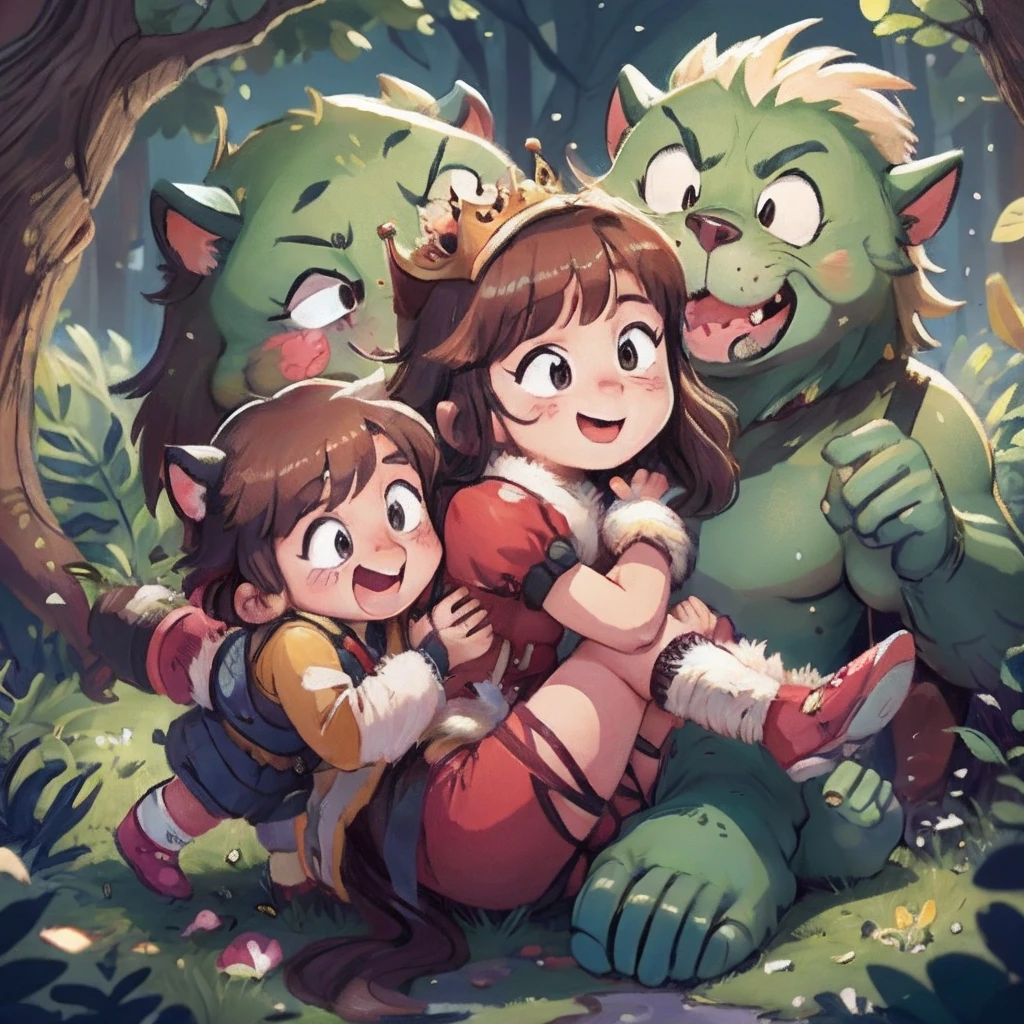 Child girl, detailed fur beastman, Hugs, smile, joyful, Princess carry, piggyback, scuffle, assorted poses, assorted angles, assorted facial expression, full body,