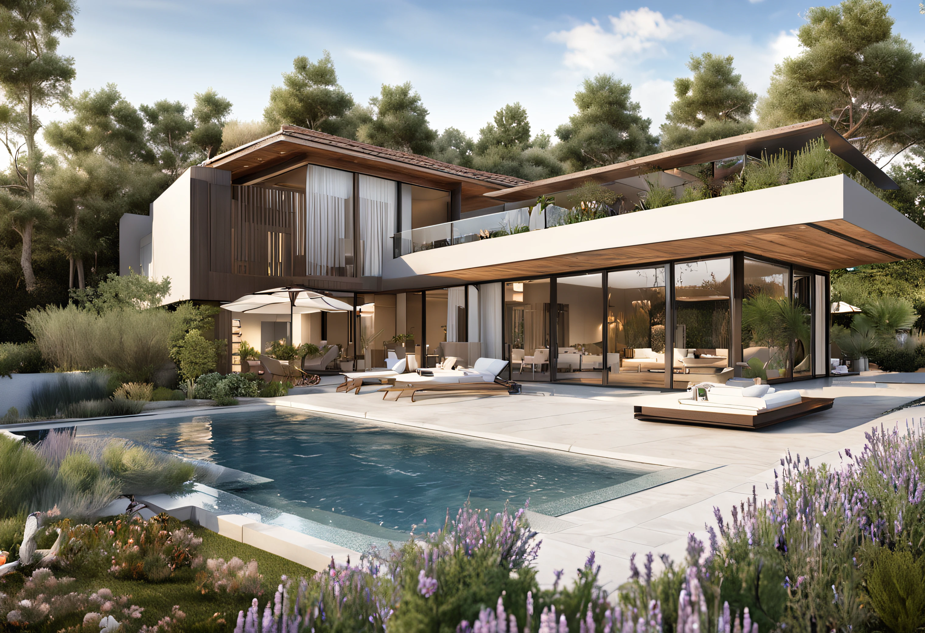 Organic modern architecture on a fairly large plot, from , there is a swimming pool in the middle of a large house of a flower, color of the house in chocolate brown and black beams, large modern residence, flat roofs and garden, render luxcore, render oktane, a photorealistic rendering, architectural rendering, mantra rendering, architectural rendering, realistic rendering, architectural visualization, wellness pool, Architectural visualization, large green zones, with small zones of lavender flowers, green shrubs type lush green garden, as well as small water mirrors, swimming pool embedded in an area of sand, olive and pine trees around the house, paddle court next to the house, photo cannon