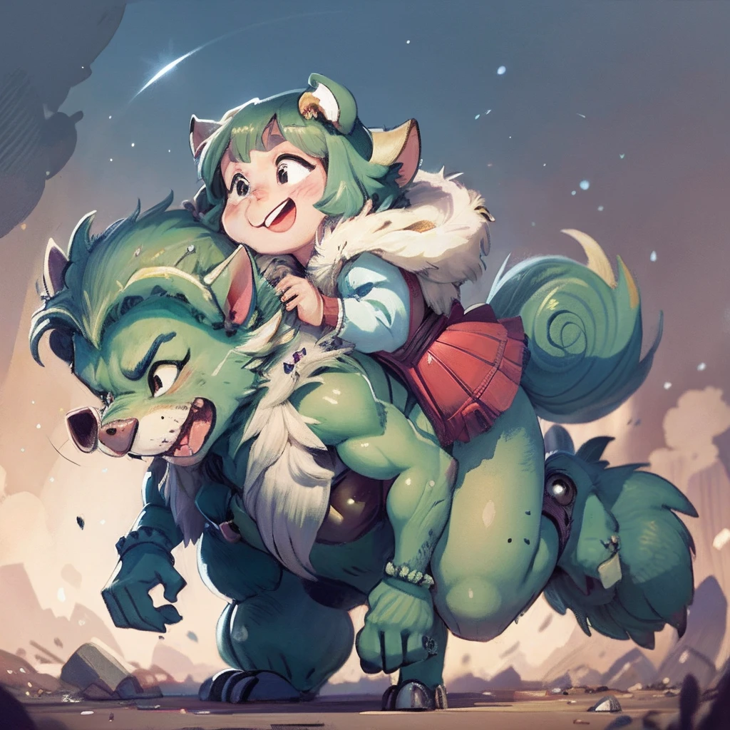 Child girl, detailed fur beastman, Hugs, smile, joyful, Princess carry, piggyback, scuffle, assorted poses, assorted angles, assorted facial expression, full body,