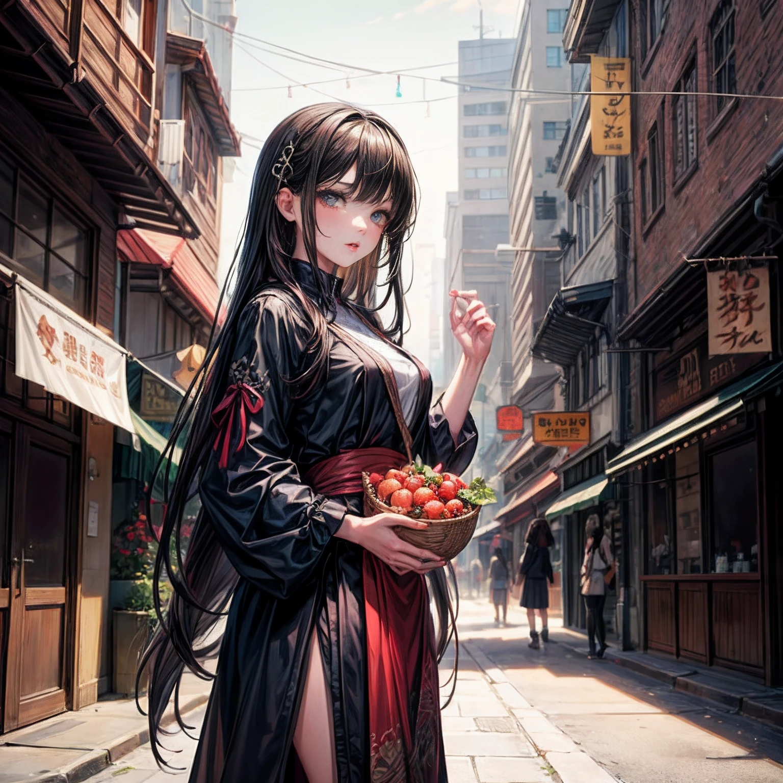 Woman in traditional dress holding fruit basket, Boho chic | | very anime!!!, artwork in the style of guweiz, Detailed Digital Anime Art, detailed anime art, clean detailed anime art, beautiful anime artwork, beautiful anime art, Detailed anime artwork, guweiz, Traditional beauty, beautiful anime art style, Oriental Art Style, snap shot