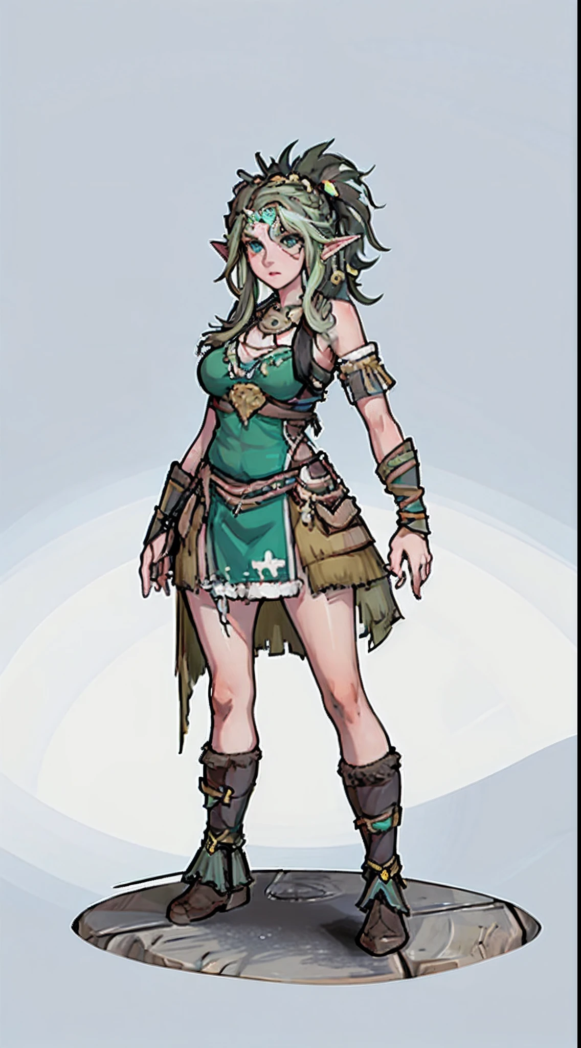 1girll,((独奏)),full bodyesbian,European and American cartoon design,Primitive tribal elements,Barbarians、standing on your feet,the elf,Green clothing,(white backgrounid),character concept design,tmasterpiece,best qualtiy,Best resolution,high definition detail