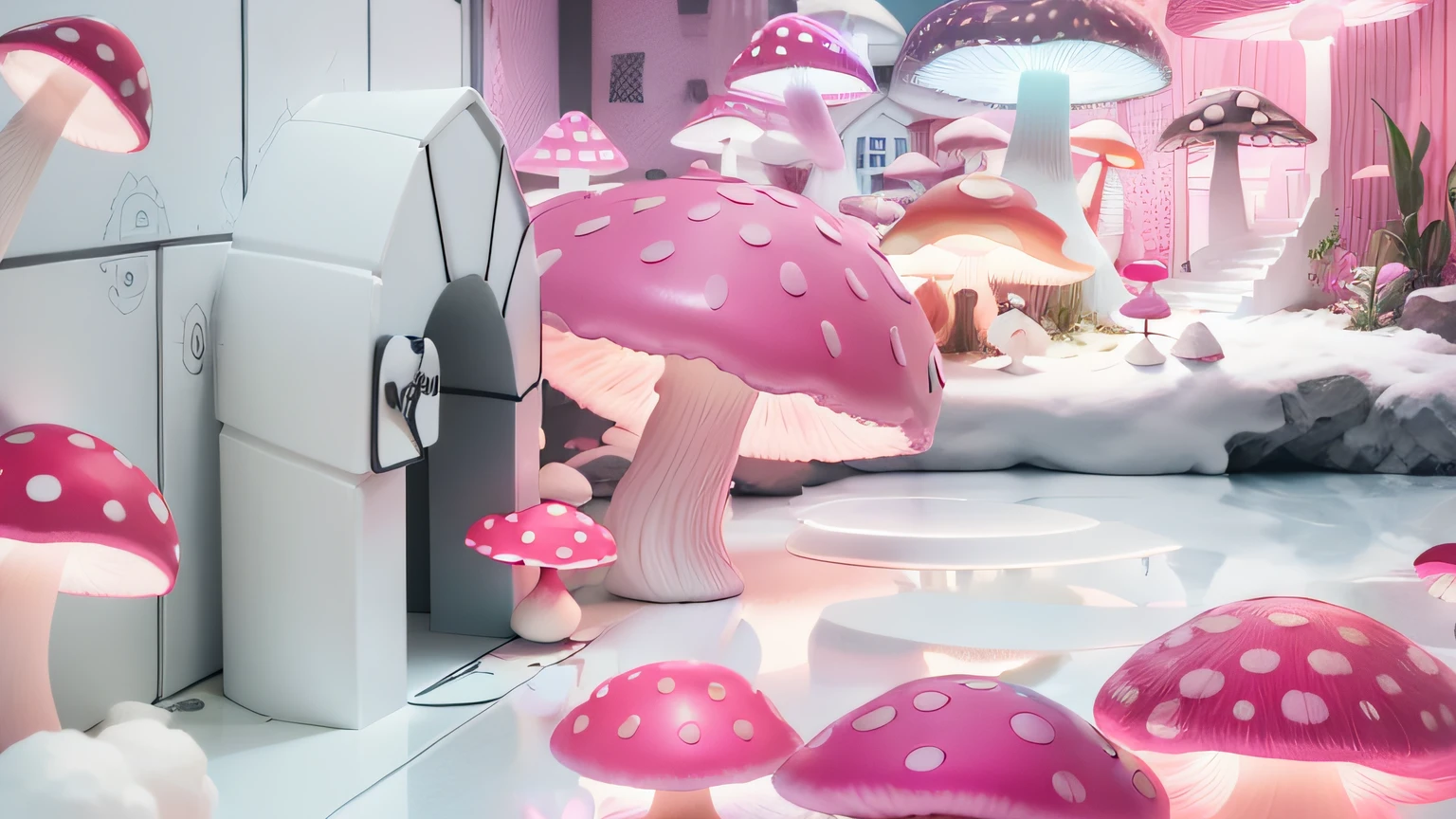 Uma porta. Uma Casa. Cotton floor. maquete. Neon dark pink mushroom. maquete. Neon Mushroom. cotton. maquete. neon light. cotton. maquete. dark pink mushroom.