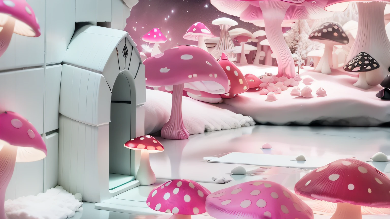 Uma porta. Uma Casa. Cotton floor. maquete. Neon dark pink mushroom. maquete. Neon Mushroom. cotton. maquete. neon light. cotton. maquete. dark pink mushroom.
