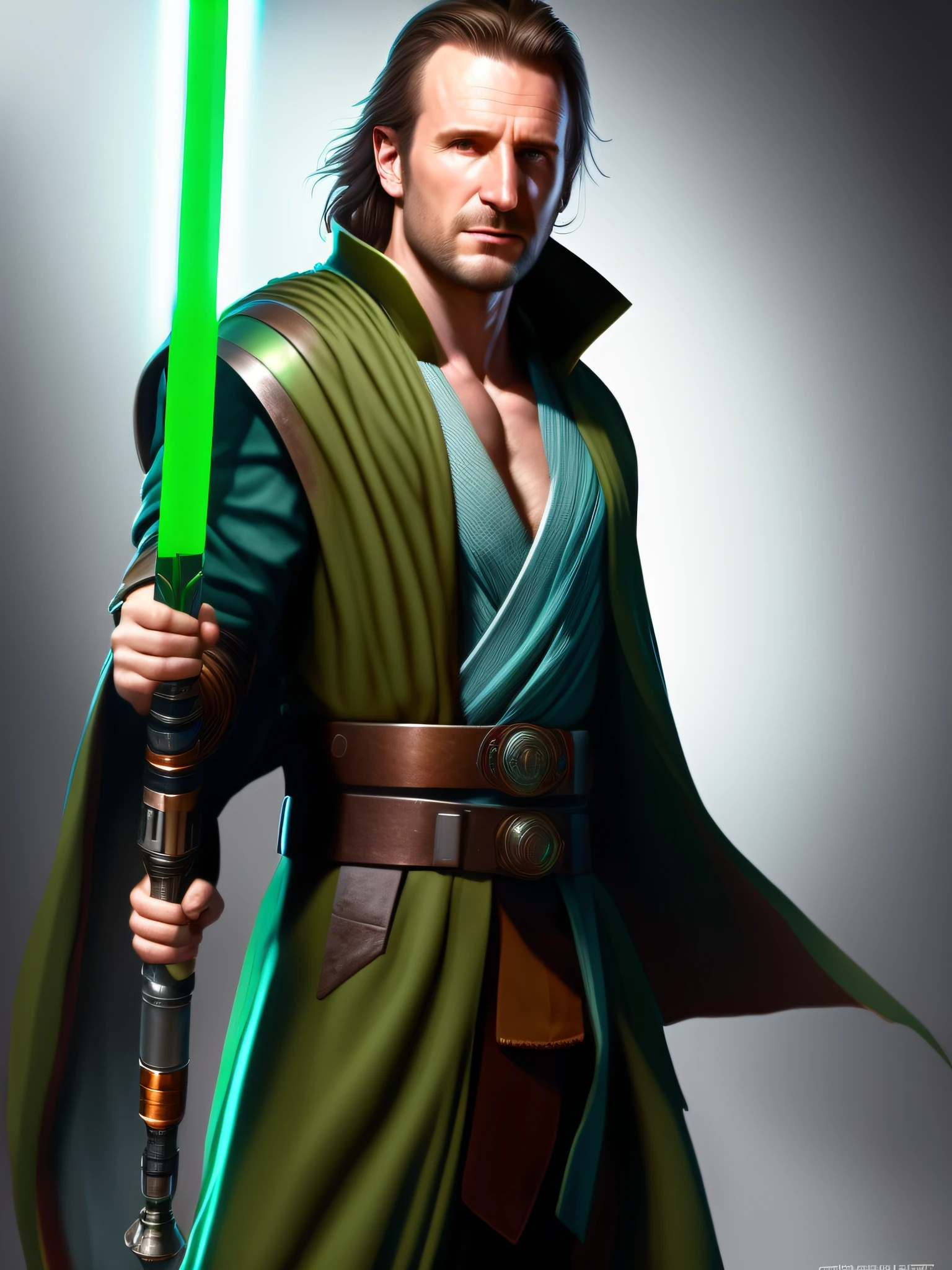 Detailed portrait of Michael Neeson as Jedi qui-gon jinn, with green lightsaber, full body, Greg Rutkowski, artstation, fantasy, realistic style