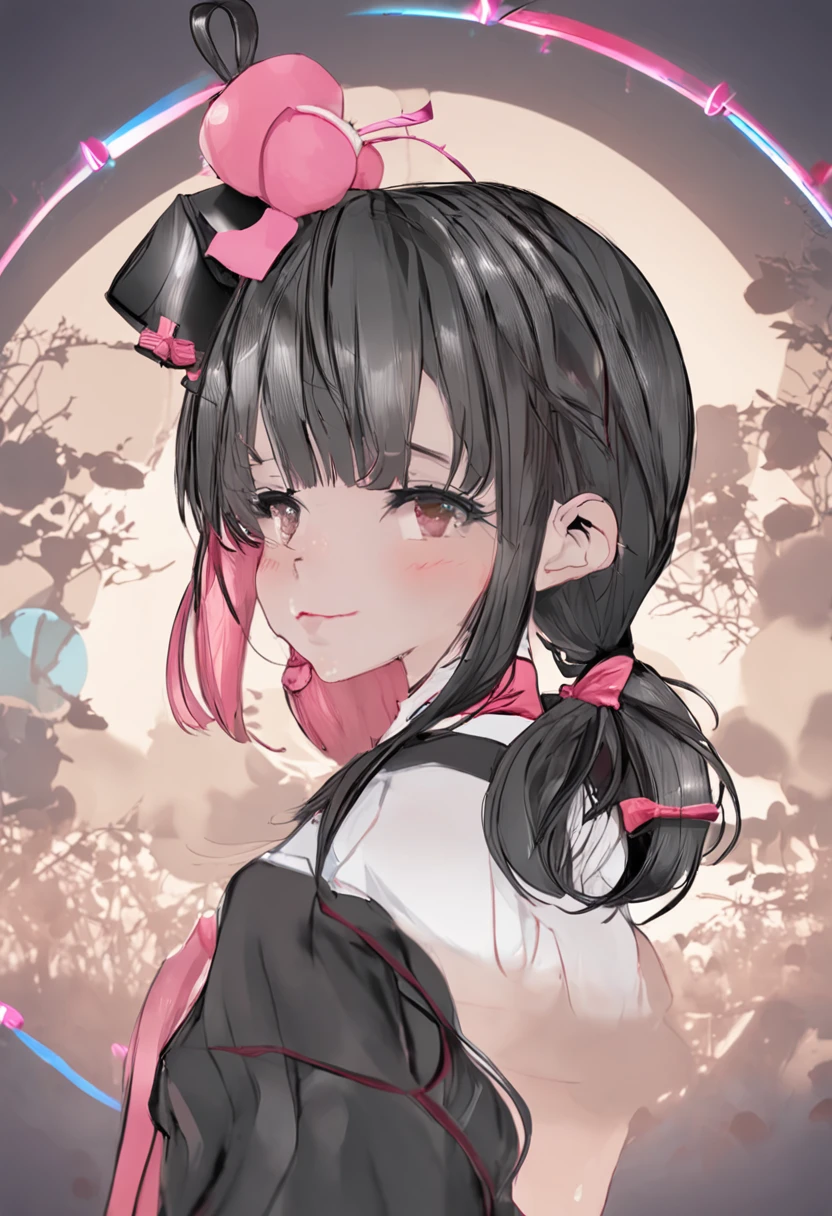 black hair, hair bobbles, wince, longeyelashes, solid circle eyes, fake animal ears, light smile, ear blush, fang, Surrealism, drop shadow, anaglyph, stereogram, tachi-e, pov, atmospheric perspective, 8k, super detail, ccurate, best quality