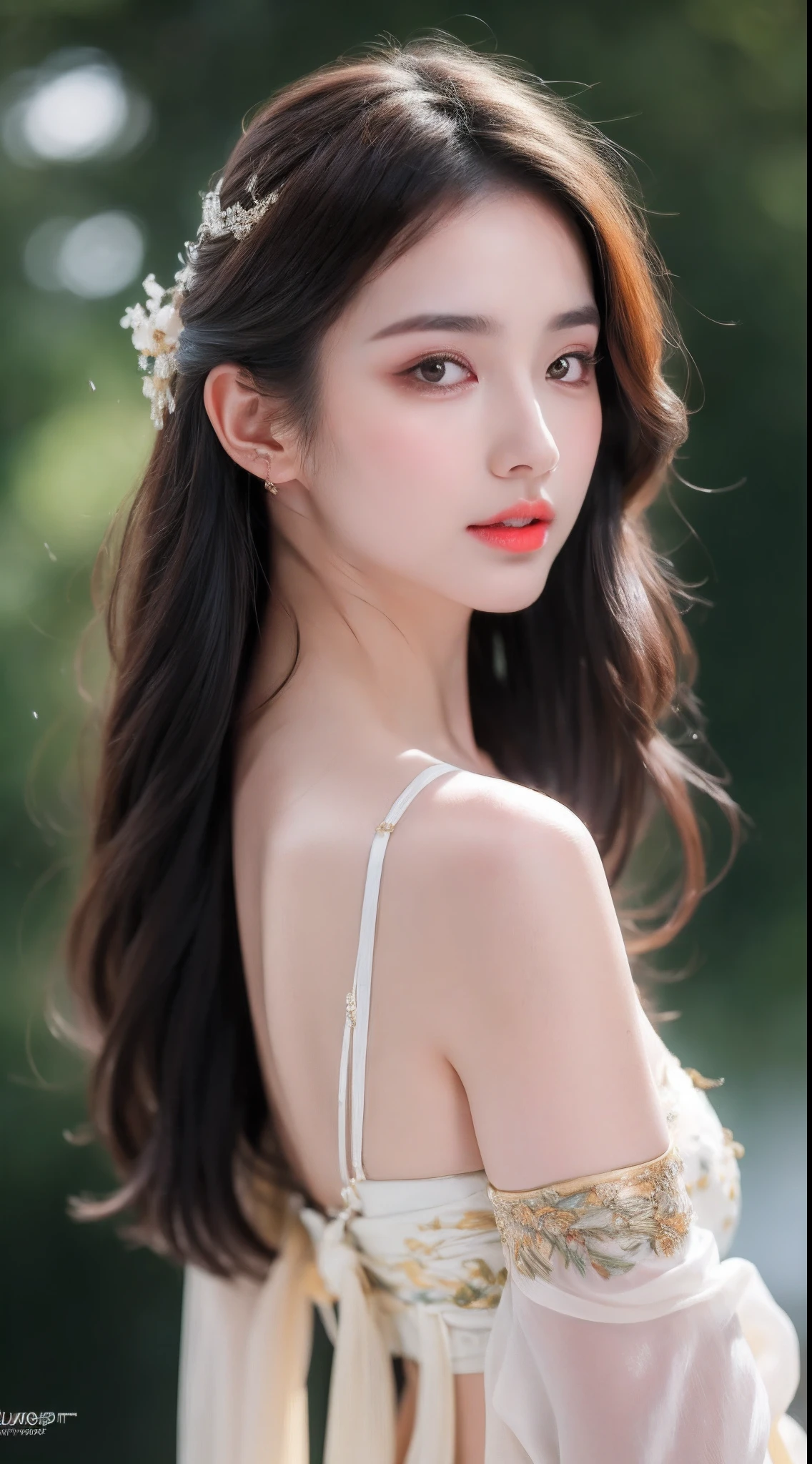 ((Best Quality, 8k, Masterpiece: 1.3)), Focus: 1.2, Perfect Body Beauty: 1.4, Buttocks: 1.2, ((Layered Haircut)), (Wet Clothes: 1.1), (Rain, Street:1.3), (Breasts: 1.2), (Hanfu: 1.2), Bare Shoulders, Bare Legs, Highly Detailed Face and Skin Texture, Fine Eyes, Double Eyelids, Whitened Skin, Long Hair, (Shut Up: 1.5), (Bokeh Background: 1.5), Big Breasts