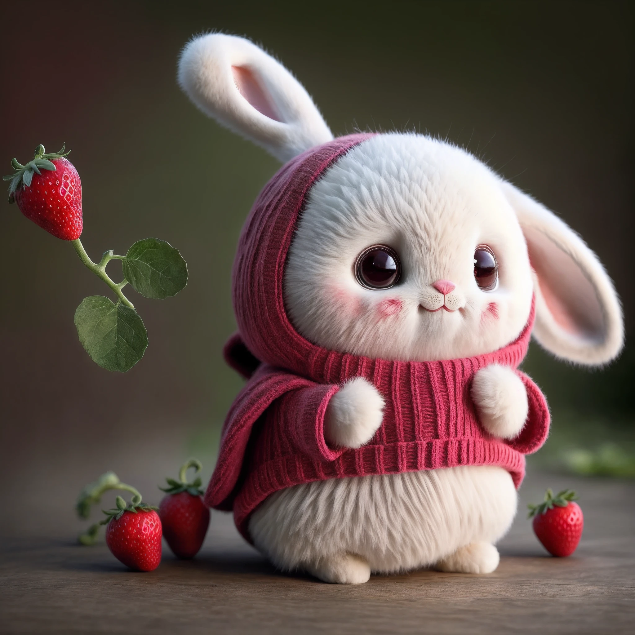 : 3. bunny, realistic, furry animal, apple, black eye, blush, cherry, food, fruit, full body, hat, non-human, strawberry, tomato, watermelon