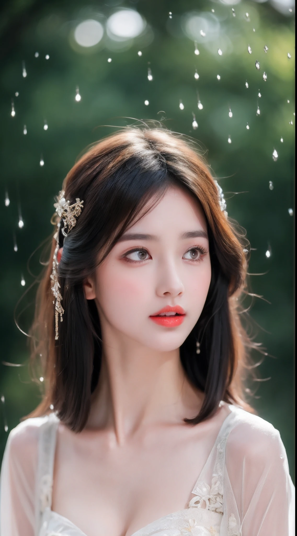 ((Best Quality, 8k, Masterpiece: 1.3)), Focus: 1.2, Perfect Body Beauty: 1.4, Buttocks: 1.2, ((Layered Haircut)), (Wet Clothes: 1.1), (Rain, Street:1.3), (Breasts: 1.2), (Hanfu: 1.2), Bare Shoulders, Bare Legs, Highly Detailed Face and Skin Texture, Fine Eyes, Double Eyelids, Whitened Skin, Long Hair, (Shut Up: 1.5), (Bokeh Background: 1.5), Big Breasts