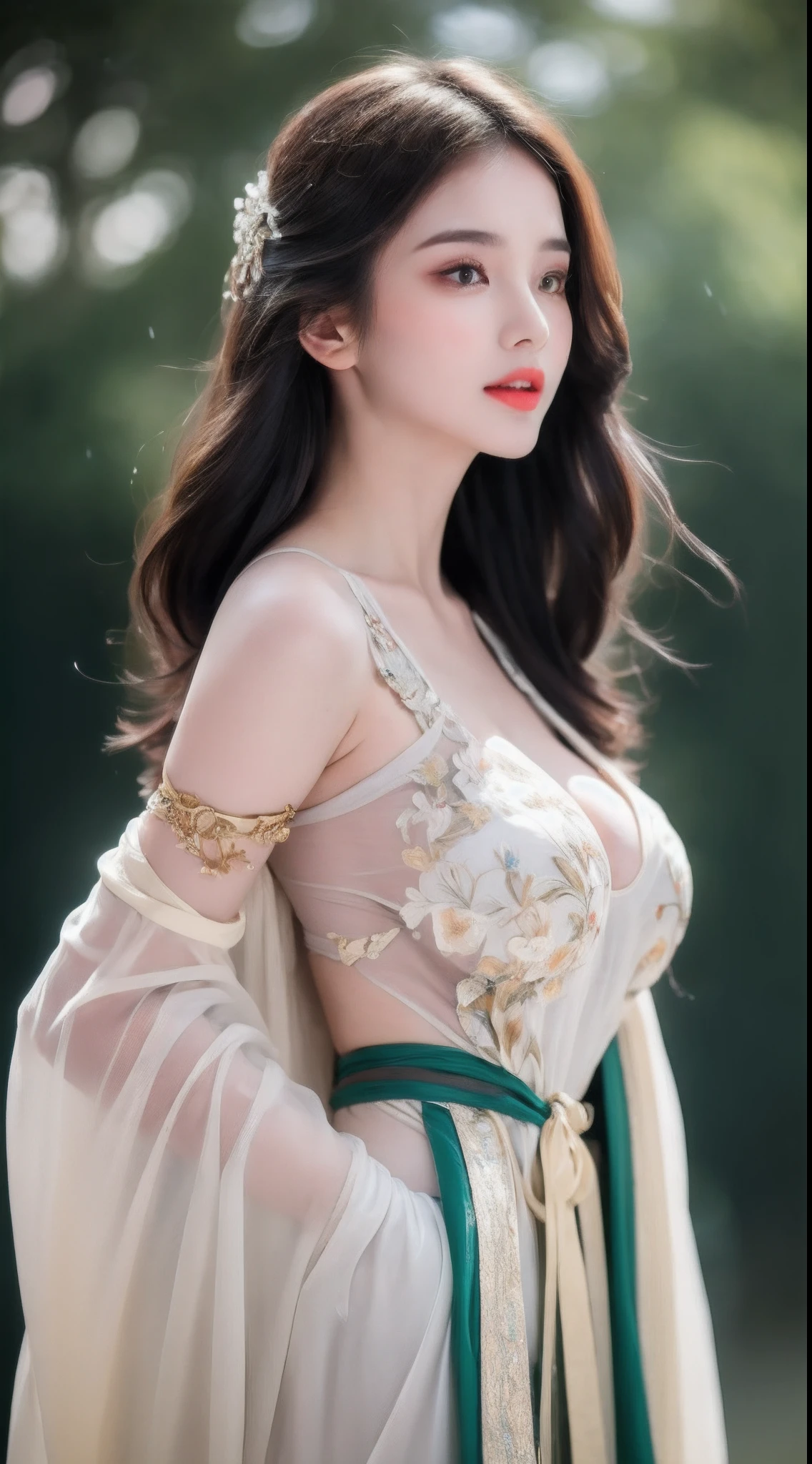 ((Best Quality, 8k, Masterpiece: 1.3)), Focus: 1.2, Perfect Body Beauty: 1.4, Buttocks: 1.2, ((Layered Haircut)), (Wet Clothes: 1.1), (Rain, Street:1.3), (Breasts: 1.2), (Hanfu: 1.2), Bare Shoulders, Bare Legs, Highly Detailed Face and Skin Texture, Fine Eyes, Double Eyelids, Whitened Skin, Long Hair, (Shut Up: 1.5), (Bokeh Background: 1.5), Big Breasts