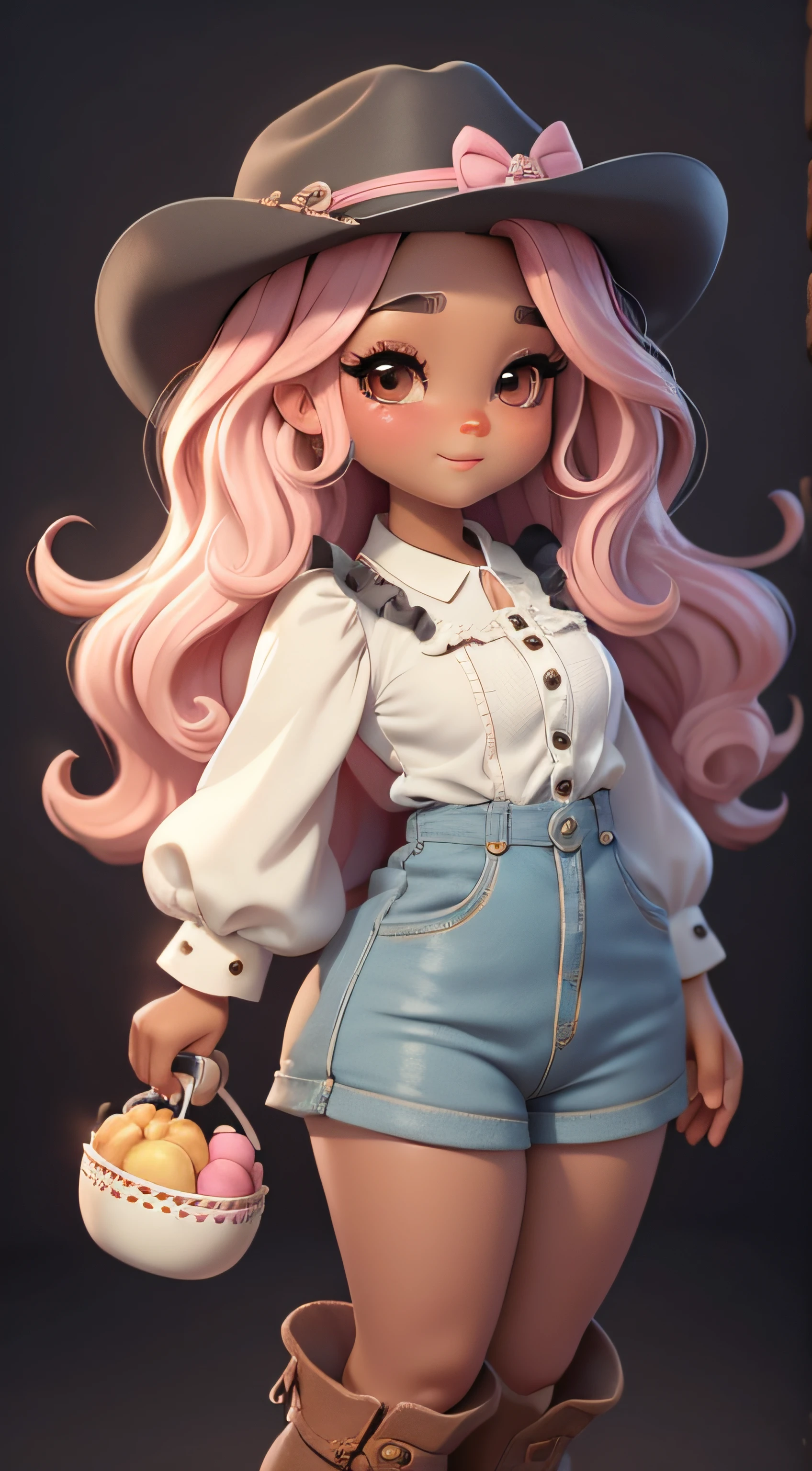 Create a series of dolls afro black skin chibi style cute with a cute cowgirl theme, each with lots of detail and in an 8K resolution. All dolls should follow the same solid background pattern and be complete in the image, mostrando o (corpo inteiro, incluindo as pernas: 1.5)
Boneca cowgirl: Chame-a de Mia. She should have medium wavy mixed hair. Seus olhos devem ser grandes e curiosos, with long eyelashes and slightly pinkish cheeks. Mia should be dressed in a delicate jumpsuit, cowboy boot and a polka dot blouse and a cowboy hat is cute. She must hold farm accessories. Add details like pockets and ruffles to the apron to make it even more charming, sapato bonito
Certifique-se de adicionar sombras, texturas e detalhes nos cabelos, roupas, Cute cowboy utensils, to make them even more adorable and charming.