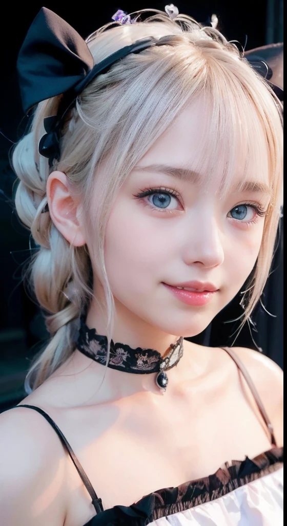 (ultra-detailliert), frontal face,head shot, front view,Cute princess dresses in black color,(frilly dress),(shortsleeves),Blue eyes,The upper part of the body、a closeup、faces、(A smile:1.5),(facing front:1.2), 20yr old, teens girl,no tail,(no tail),2D, ​masterpiece, top-quality, animesque, A detailed eye, A detailed face, girl with, Only 1 person,Silver-haired medium hair, (a blond),  Ear Hair, small tits, Single braid, (Single braid), (Side braid), Pink ribbon, Ribbon around the neck, (White sleeves), seaside backgroud