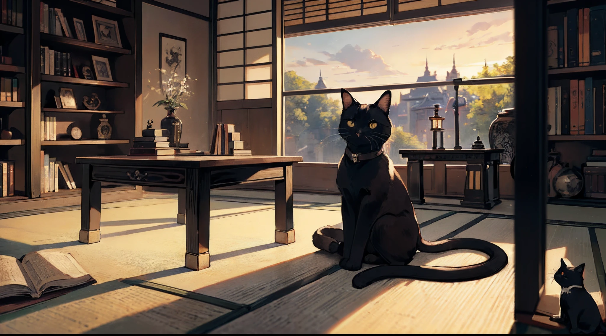 #Quality (highest quality,Masterpiece,hight resolution,8K image quality,perfect anatomy,Aerial perspective、depth of fields、add detail、Award-winning works),(intricate-detail、ultra-detailliert:1.2),
#night sky (darkness of night,no light),
#one writing boy (16 male、Honor Students、A dark-haired、short-hair、hakama,sit flat),
#black room at night (no light,black cat,wooden low table,one candle,pretty tatami,a lot of books,bookshelf)